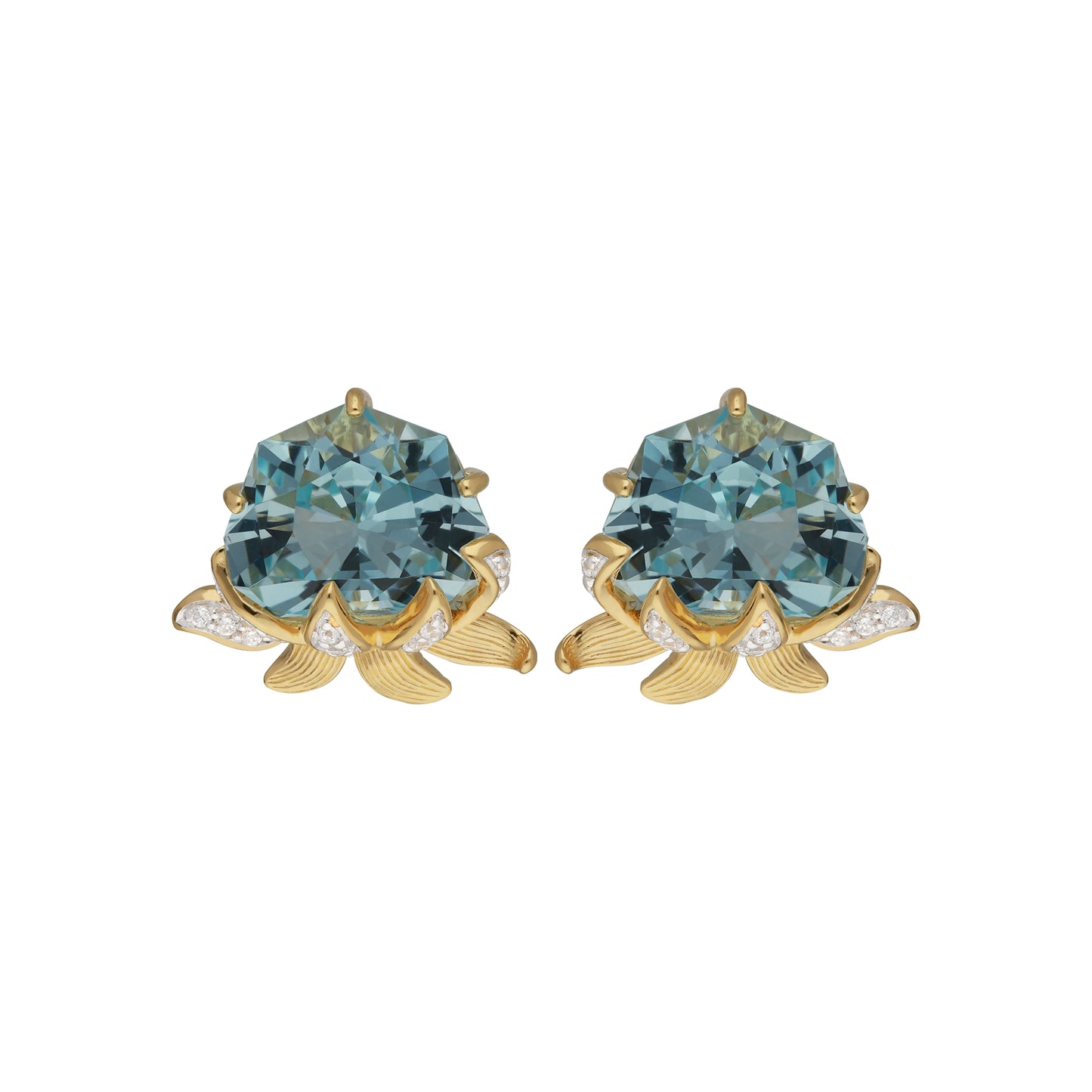 Lotus: 18K Gold with Special Cut Blue Topaz Lotus Design Stud Earrings