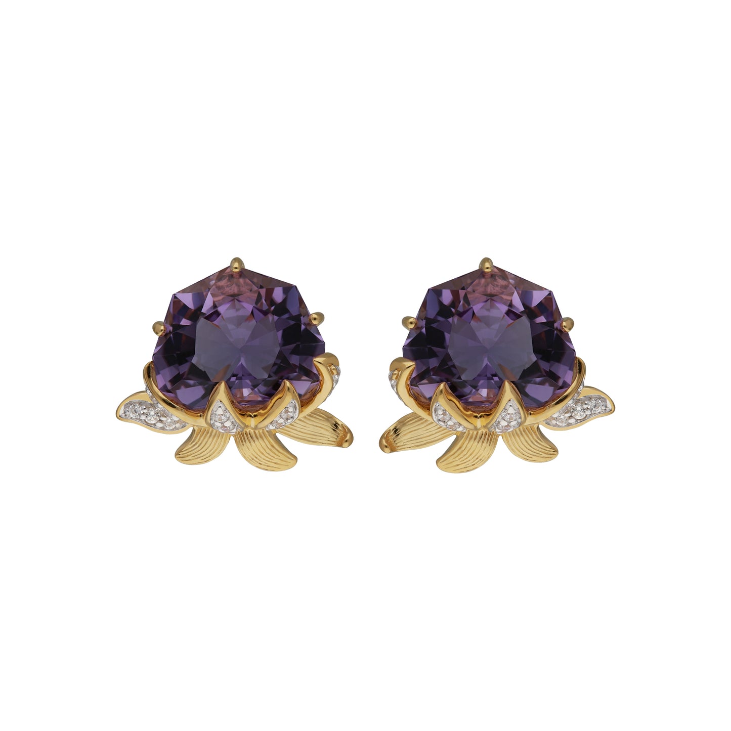 Lotus: 18K Gold with Special Cut Amethyst Lotus Design Stud Earrings