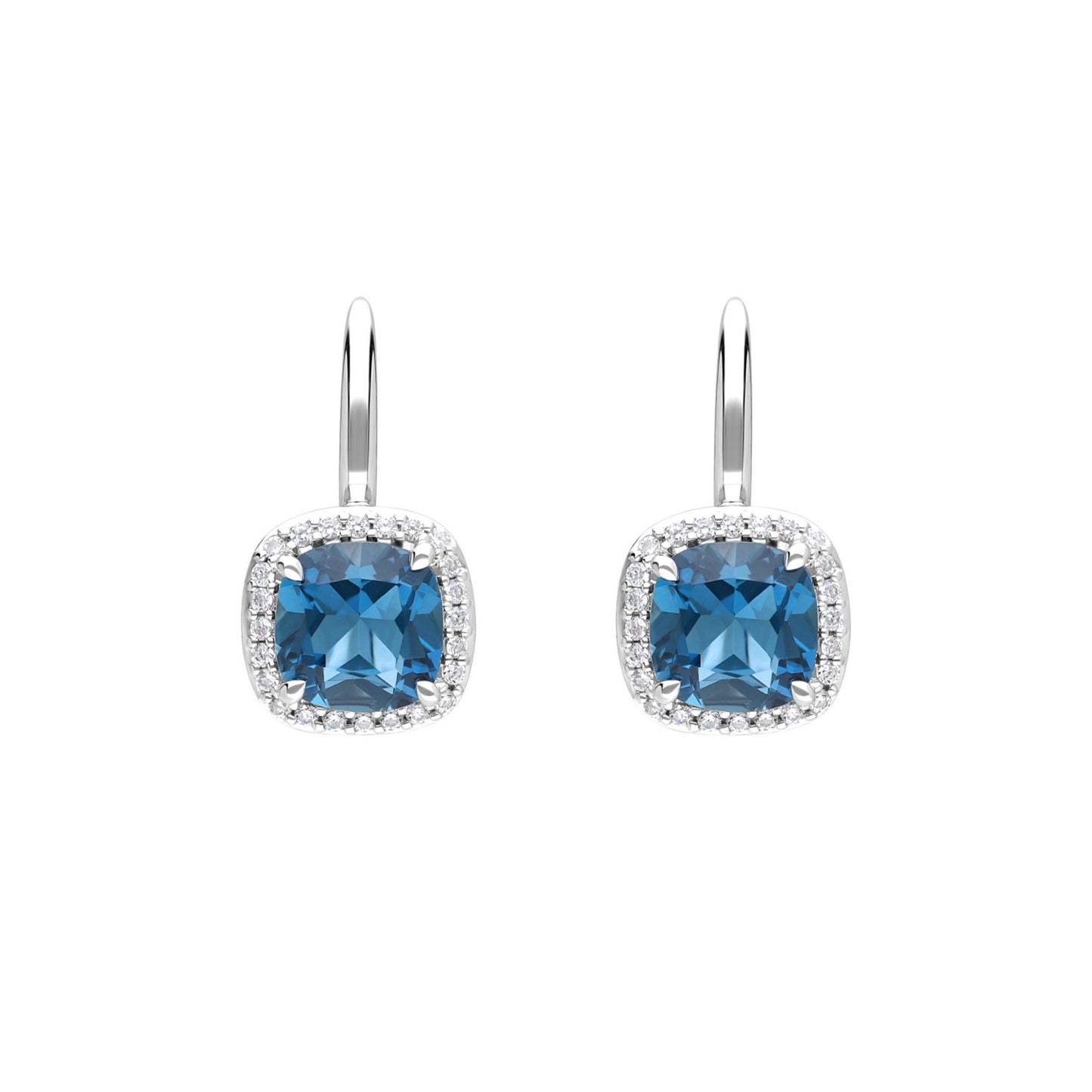 Les Intemporelles : London Blue Topaz Cushion Cut & Diamond Halo Dangle Earrings in 18K White Gold