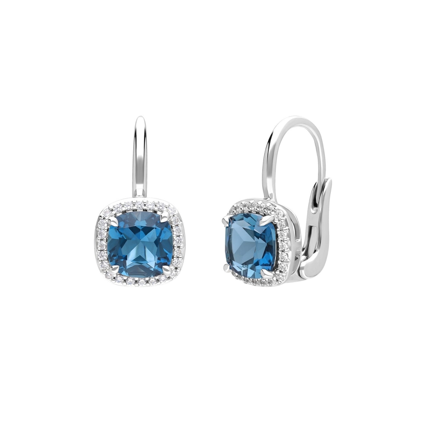 Les Intemporelles : London Blue Topaz Cushion Cut & Diamond Halo Dangle Earrings in 18K White Gold