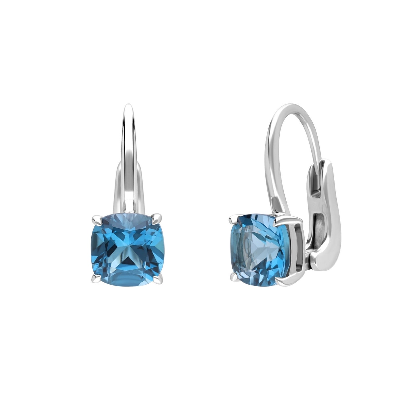 Les Intemporelles : London Blue Topaz Cushion Cut Dangle Earrings in 18K White Gold