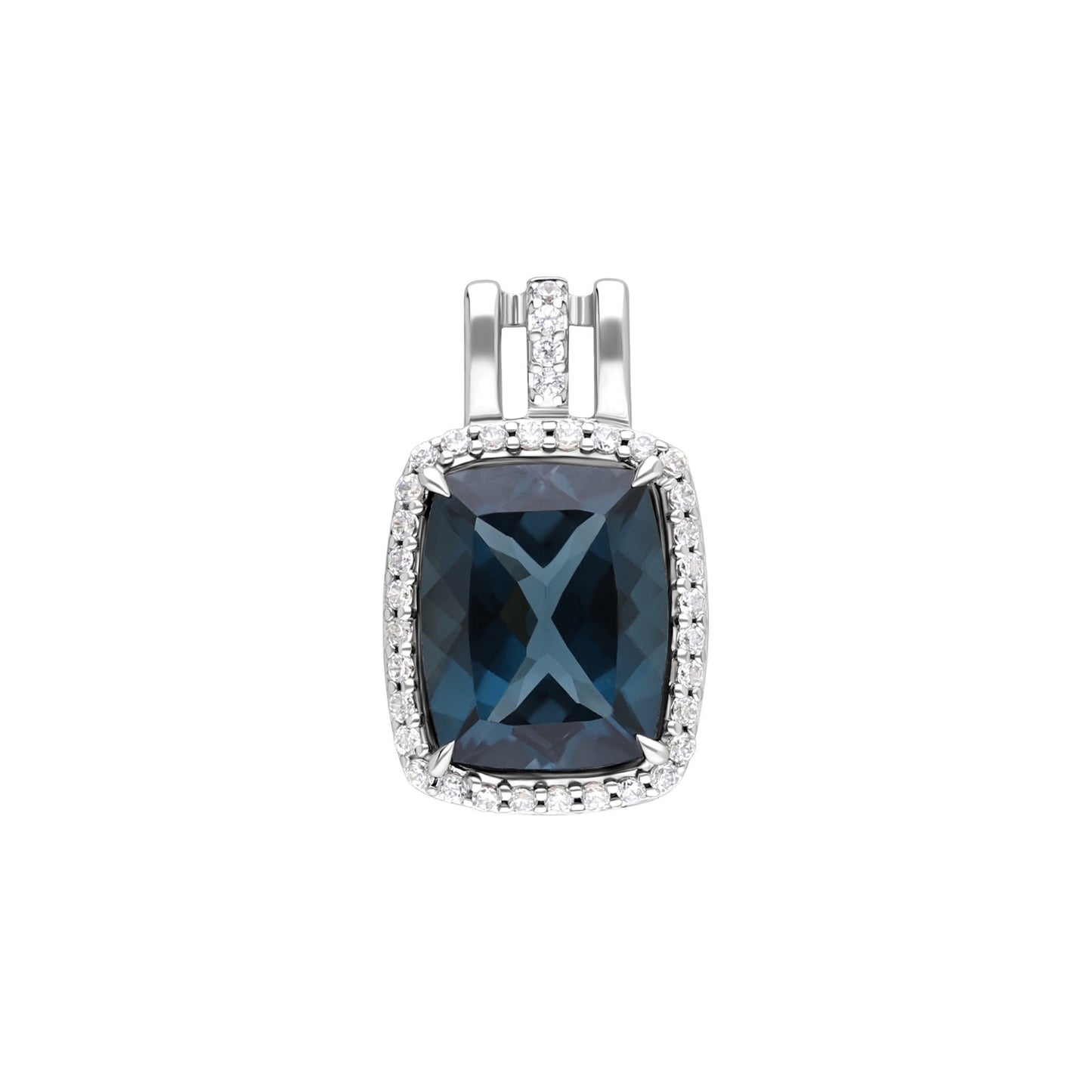 Les Intemporelles : London Blue Topaz Cushion Cut & Diamond Halo Pendant in 18K White Gold