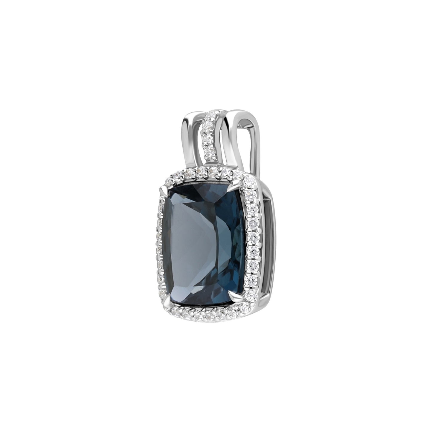 Les Intemporelles : London Blue Topaz Cushion Cut & Diamond Halo Pendant in 18K White Gold