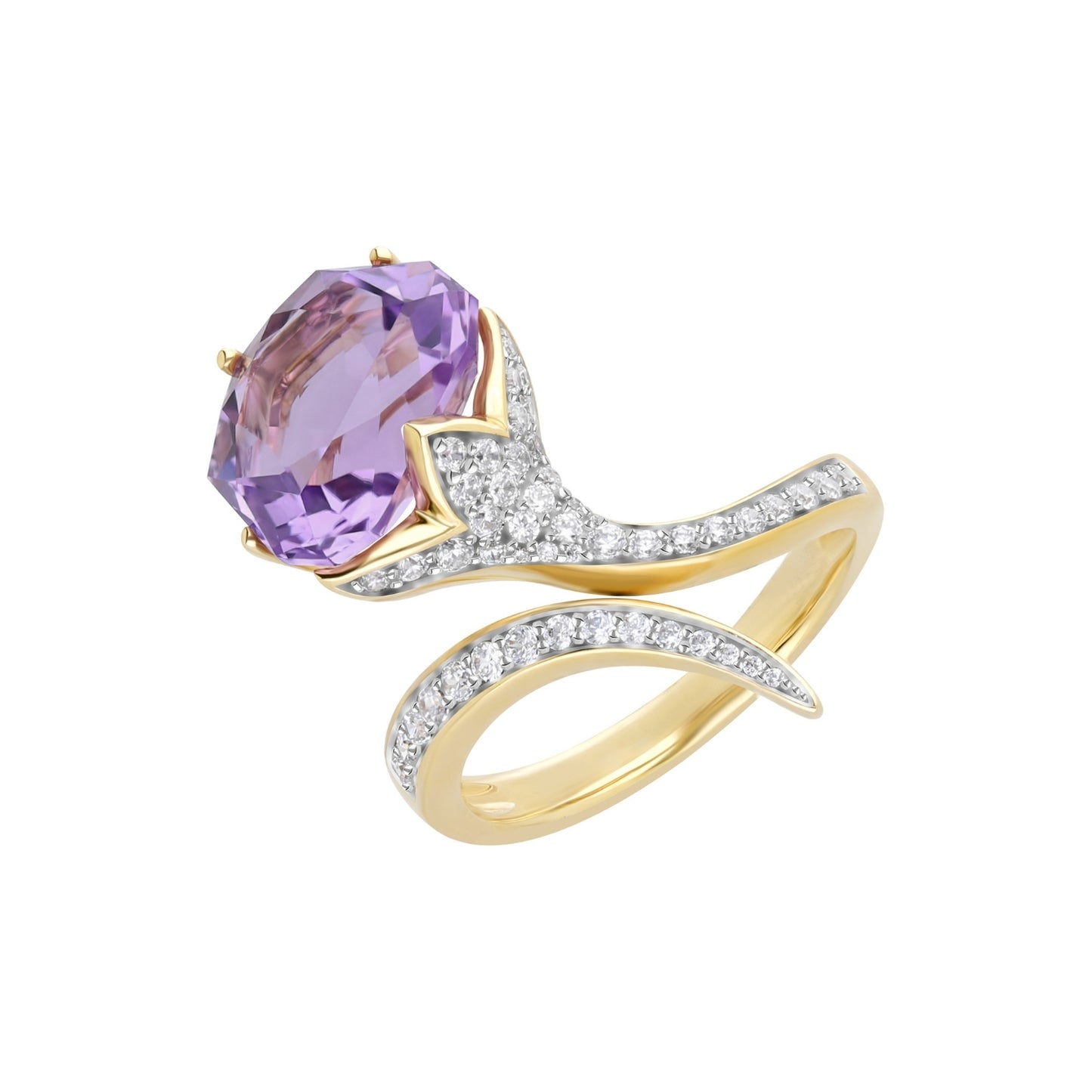 Lotus : Amethyst Special Lotus Cut & Diamond Open Ring in 18K Yellow Gold