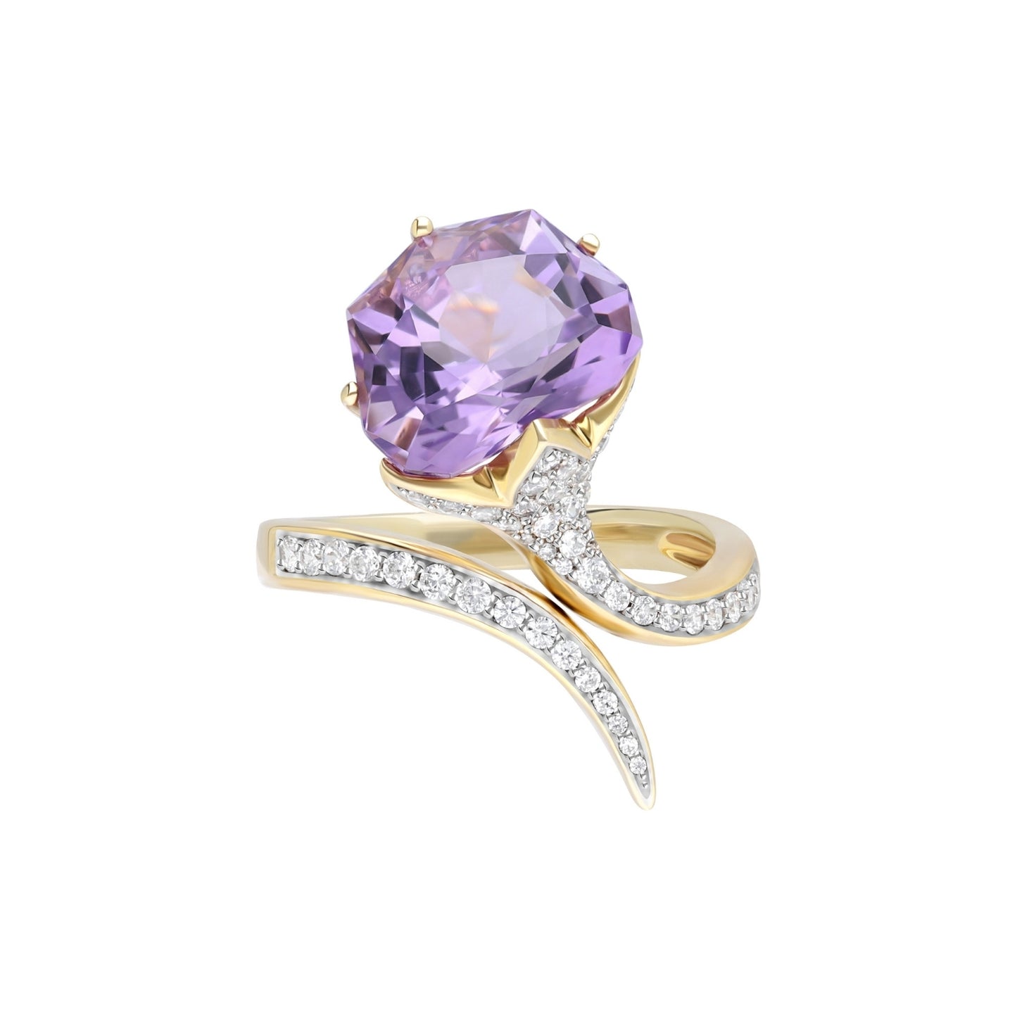Lotus : Amethyst Special Lotus Cut & Diamond Open Ring in 18K Yellow Gold