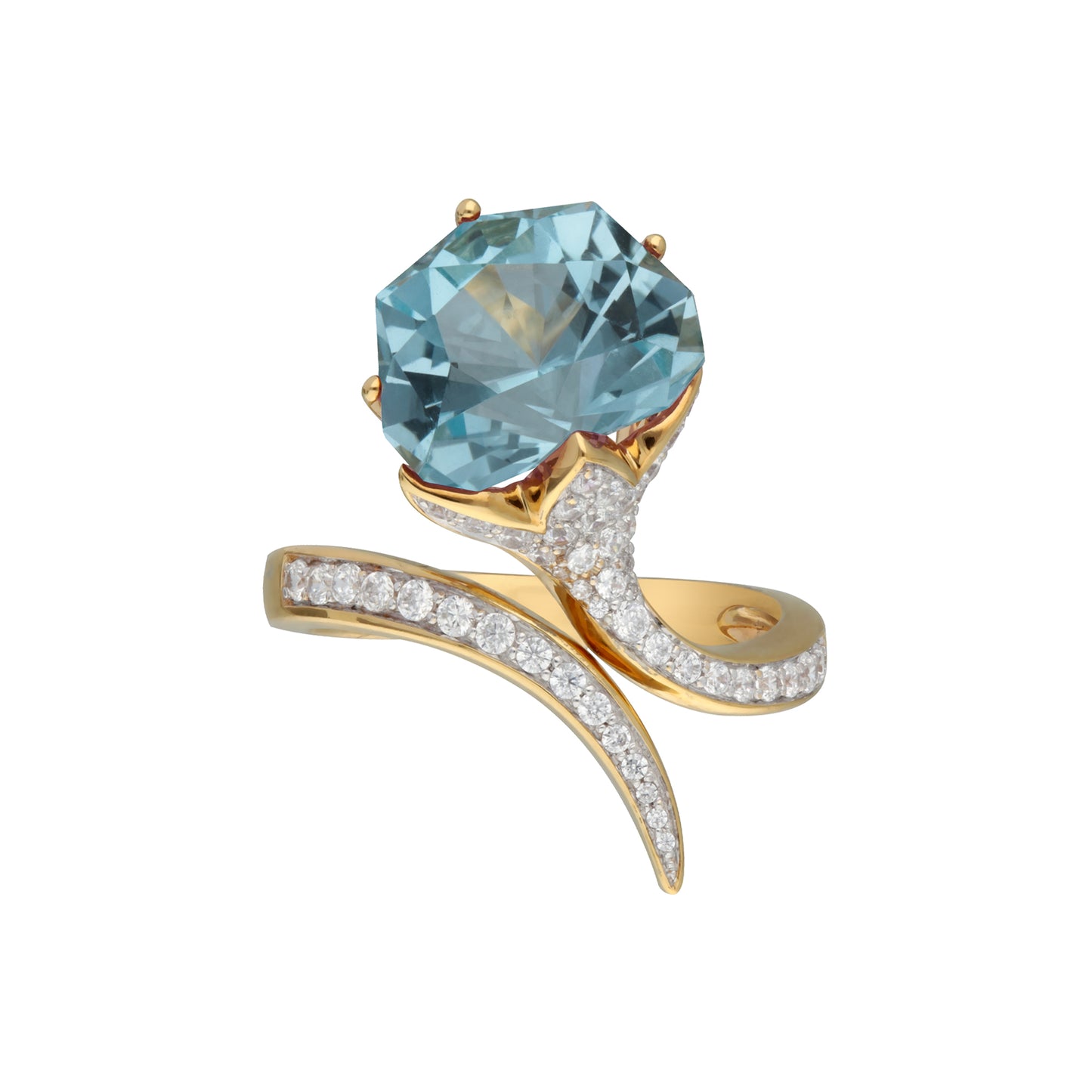 Lotus: 18K Gold with Special Cut Blue Topaz and Diamond Lotus Design Ring