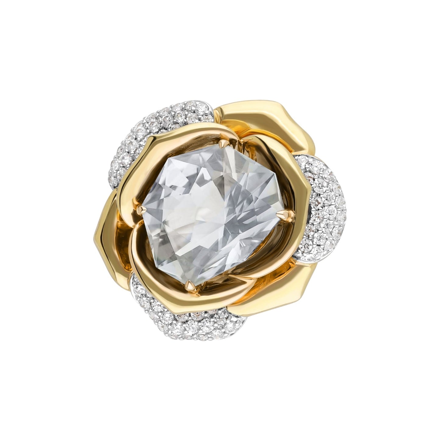 Gem : Green Mint Quartz Special Rose Cut & Diamond Ring in 18K Yellow Gold