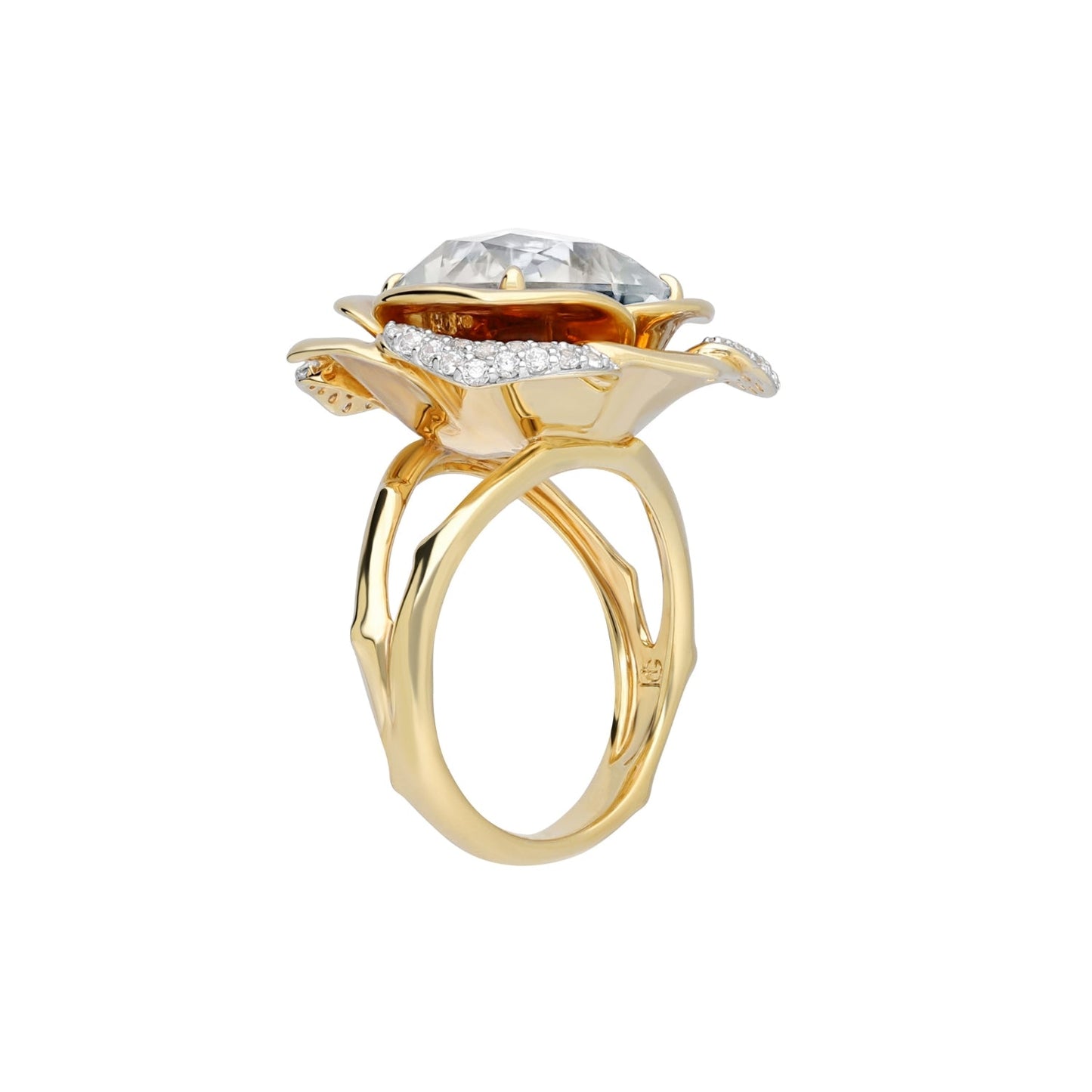 Gem : Green Mint Quartz Special Rose Cut & Diamond Ring in 18K Yellow Gold