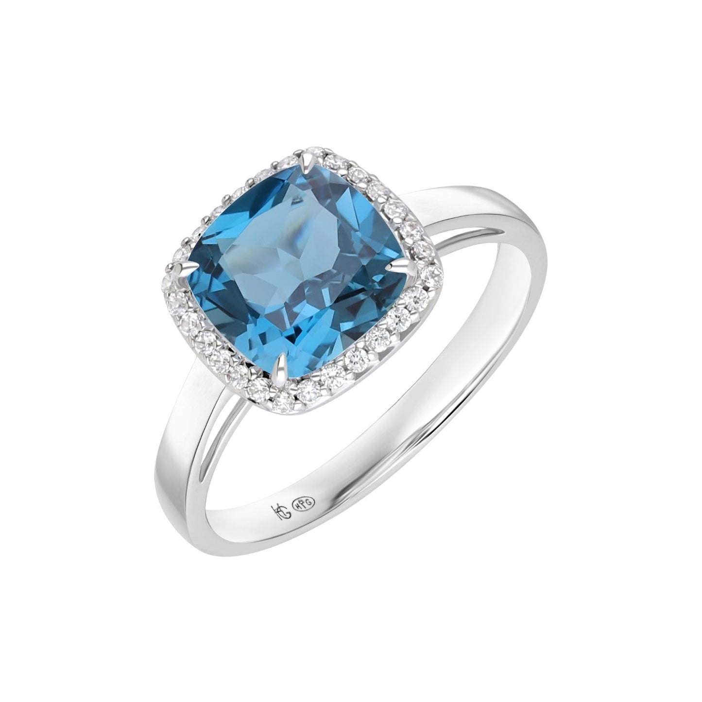 Intemporelle : London Blue Topaz Cushion Cut & Diamond Halo Ring in 18K White Gold