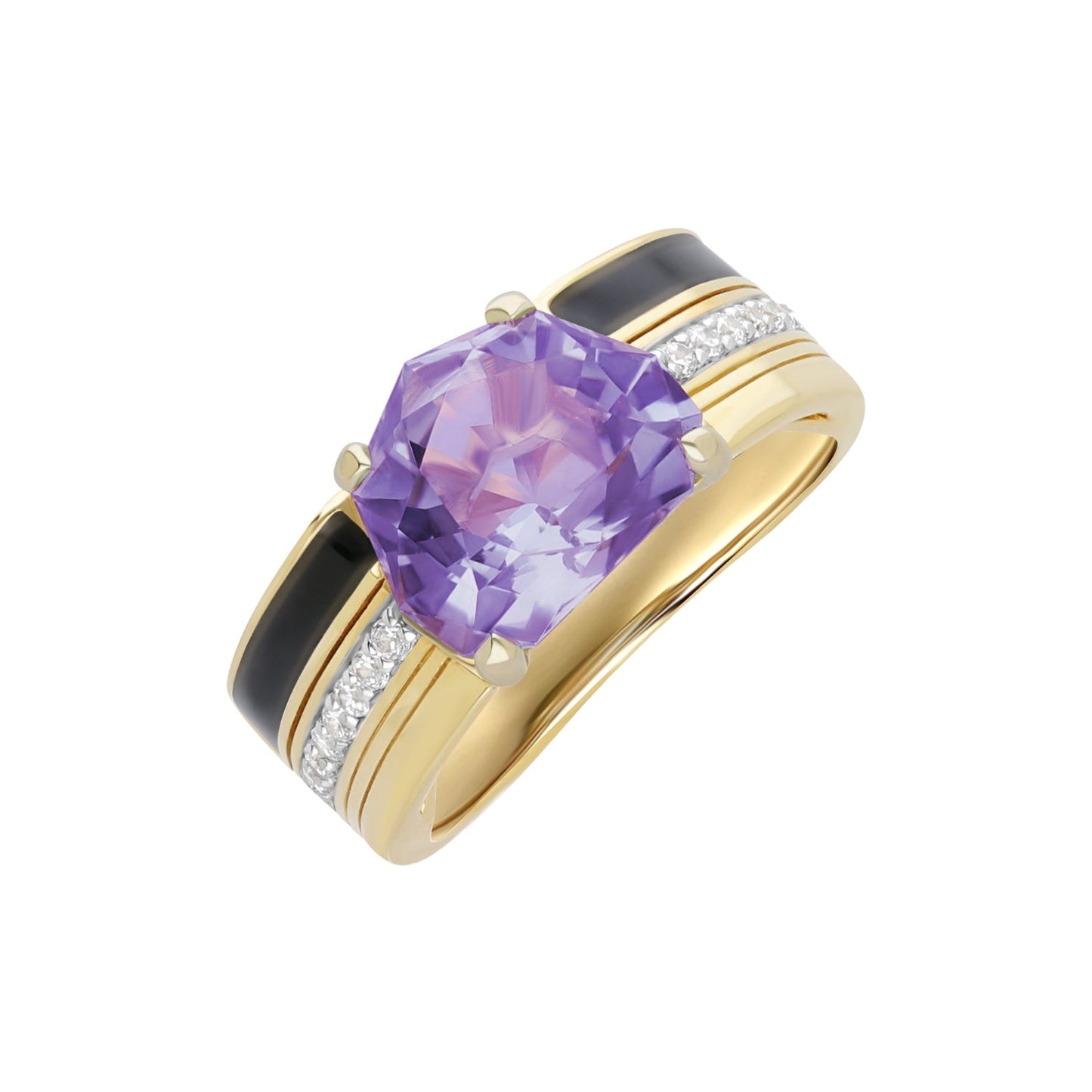 Gem : Amethyst Special Lotus Cut & Diamond Statement Ring in 18K Yellow Gold