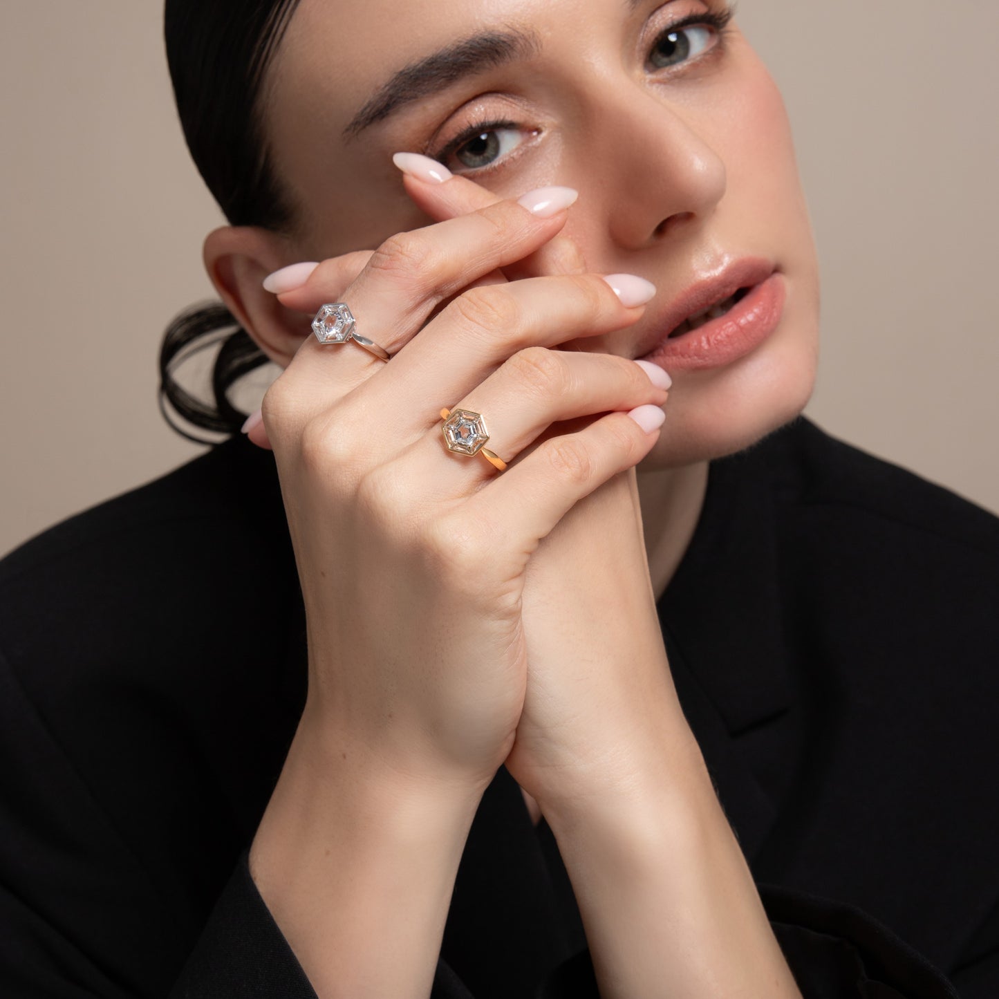 Puzzle: White Topaz Hexagon Cut 6-Prong and Bezel Set Statement Ring in 18K White Gold