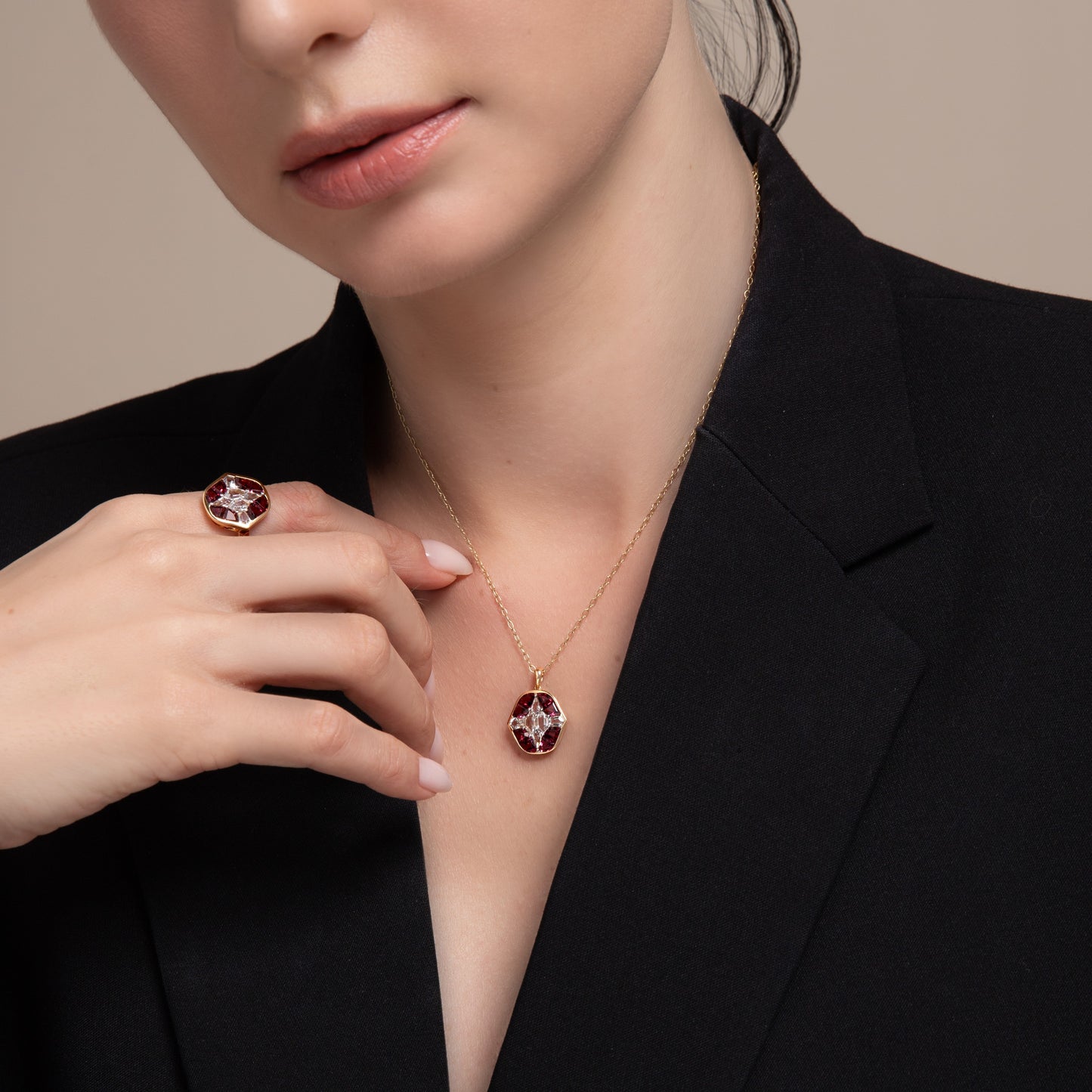 Puzzle: Rhodolite and White Topaz Multi-Shape 4-Prong Pendant in 18K Yellow Gold
