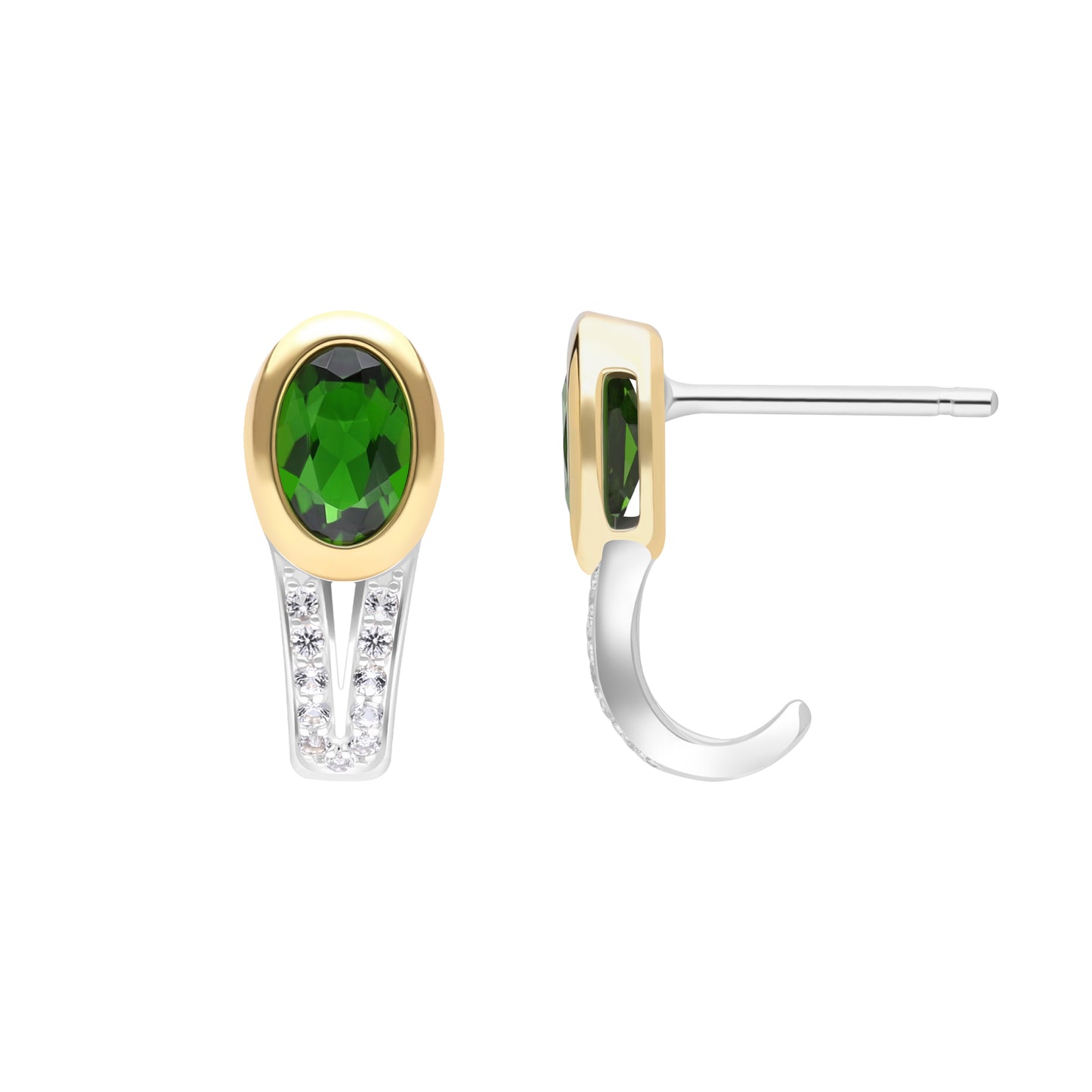 Le Petite Folie: Faceted Chrome Diopside Bezel Set Ear Huggie Studs with White Topaz Accents in Yellow Gold and Rhodium Plated 925 Silver