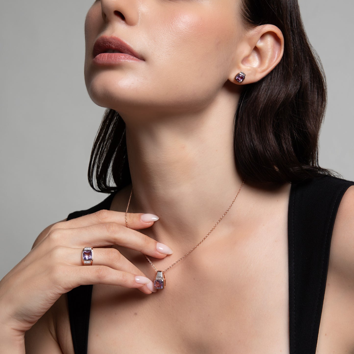Le Petite Folie: Pink Amethyst Cushion Cut Bezel Set with White Topaz Accents Two-Tone Stud Earrings in Rose Gold Plated 925 Sterling Silver