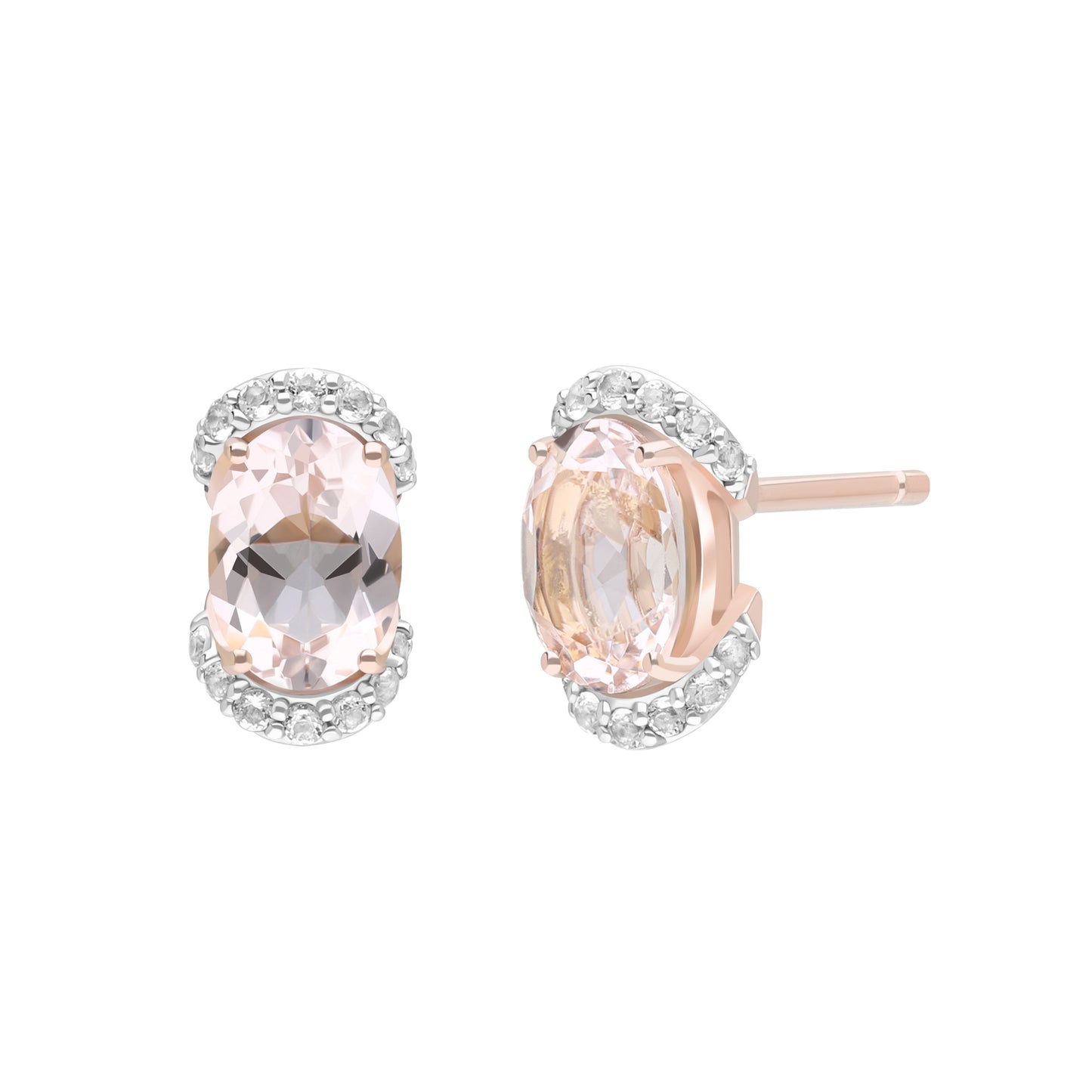 Novalty: Morganite Oval Cut 4-Prong Stud Earrings with White Topaz Accents in 18K Rose Gold