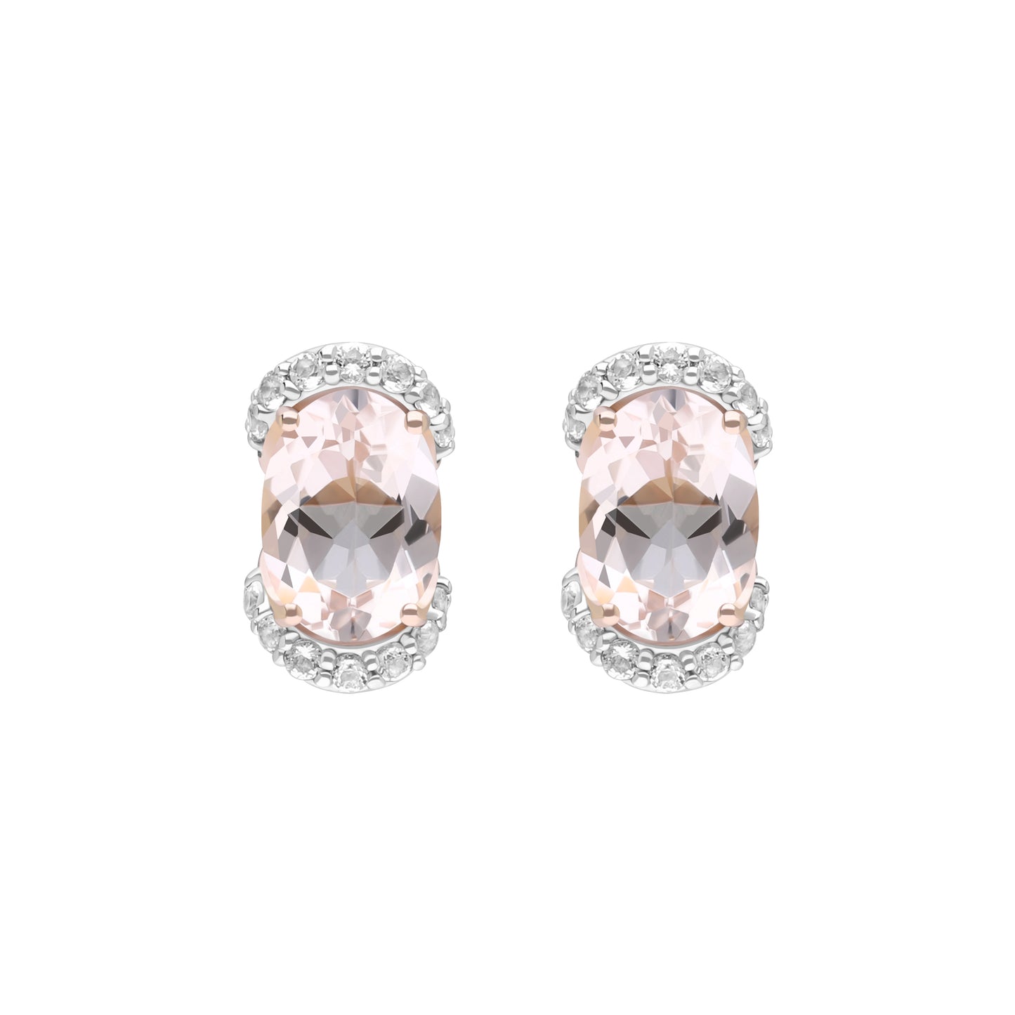 Novalty: Morganite Oval Cut 4-Prong Stud Earrings with White Topaz Accents in 18K Rose Gold