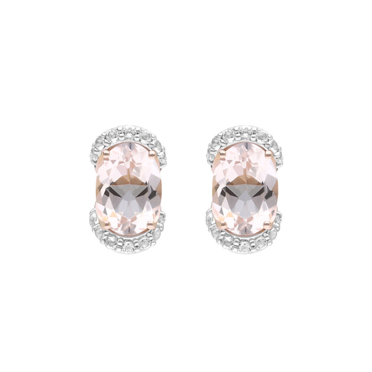 Novalty: Morganite Oval Cut 4-Prong Stud Earrings with White Topaz Accents in 18K Rose Gold