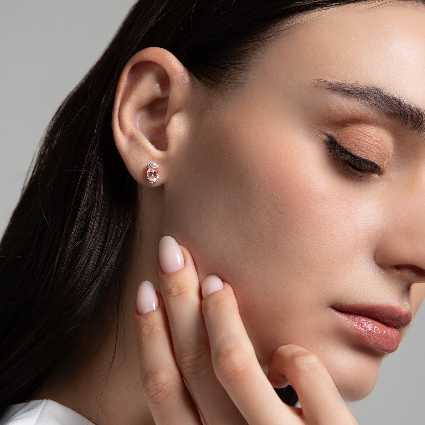Novalty: Morganite Oval Cut 4-Prong Stud Earrings with White Topaz Accents in 18K Rose Gold