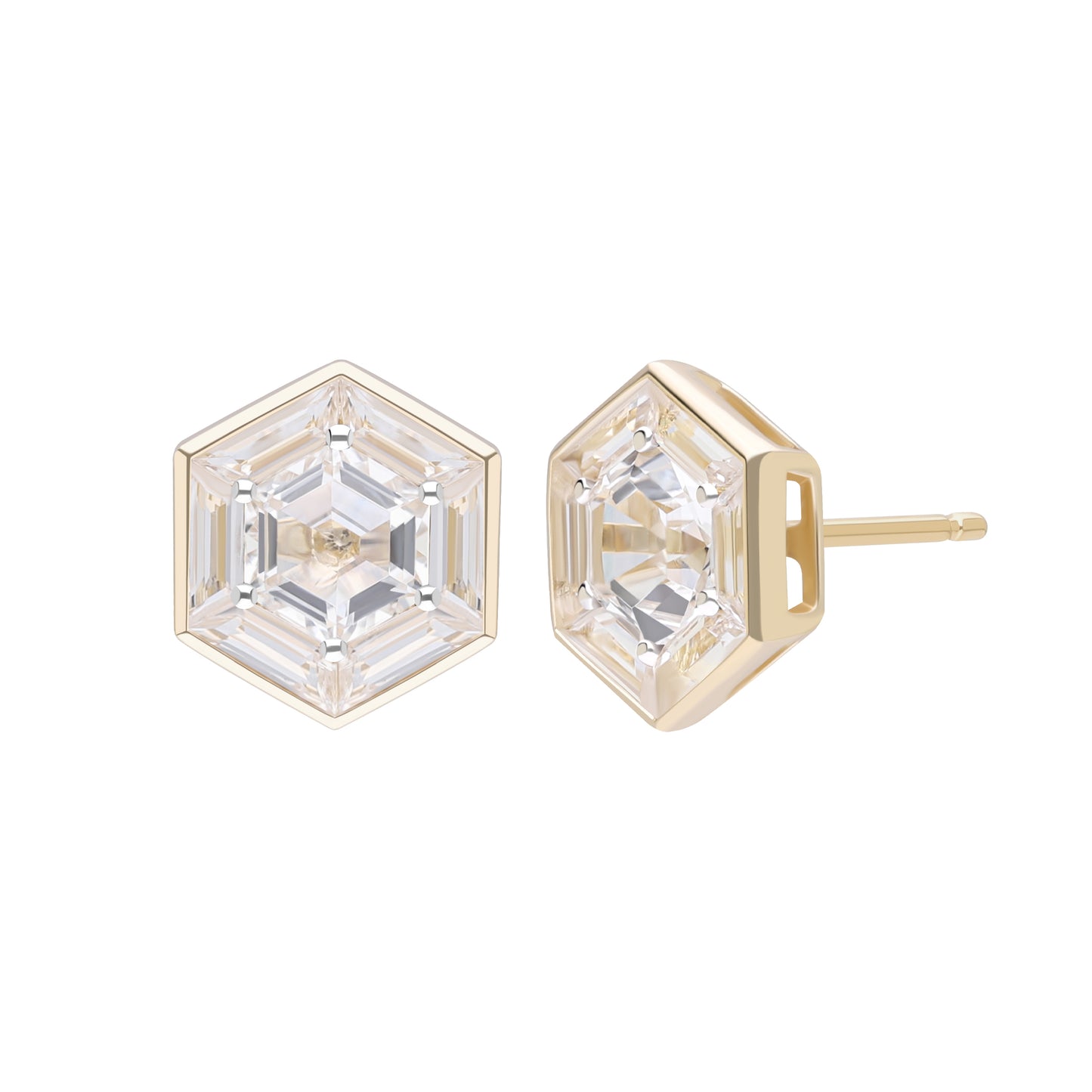 Puzzle: White Topaz Hexagon Cut 6-Prong and Bezel Set Stud Earrings in 18K Yellow Gold