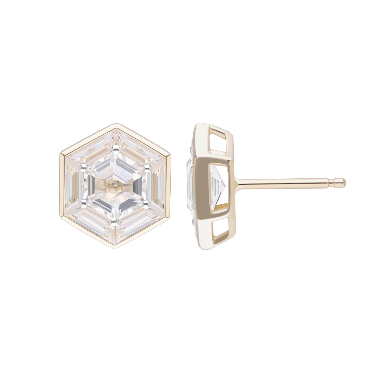 Puzzle: White Topaz Hexagon Cut 6-Prong and Bezel Set Stud Earrings in 18K Yellow Gold