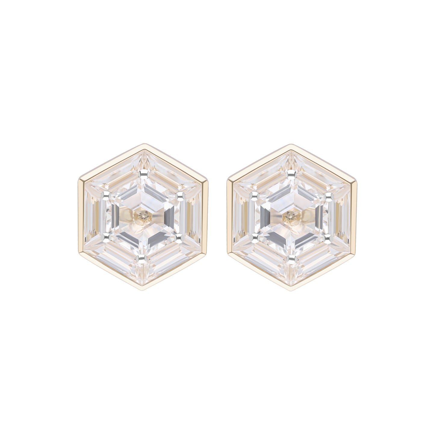 Puzzle: White Topaz Hexagon Cut 6-Prong and Bezel Set Stud Earrings in 18K Yellow Gold
