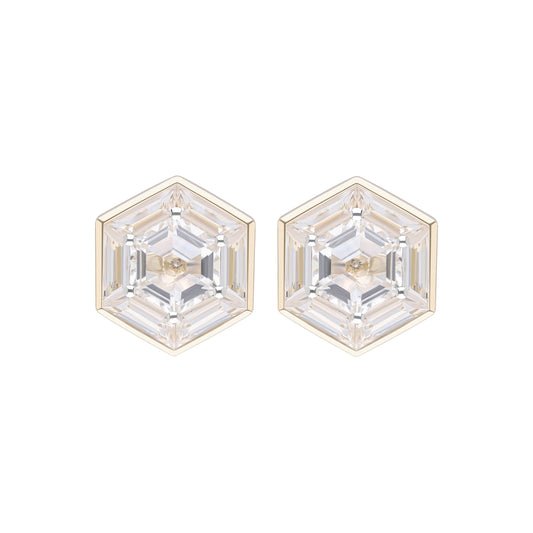 Puzzle: White Topaz Hexagon Cut 6-Prong and Bezel Set Stud Earrings in 18K Yellow Gold