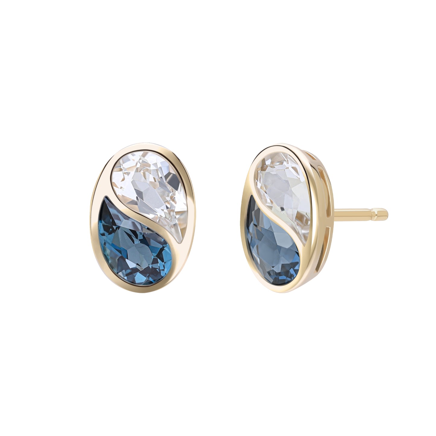 Puzzle: London Blue and White Topaz Special Cut Bezel Set Stud Earring in 18K Yellow Gold