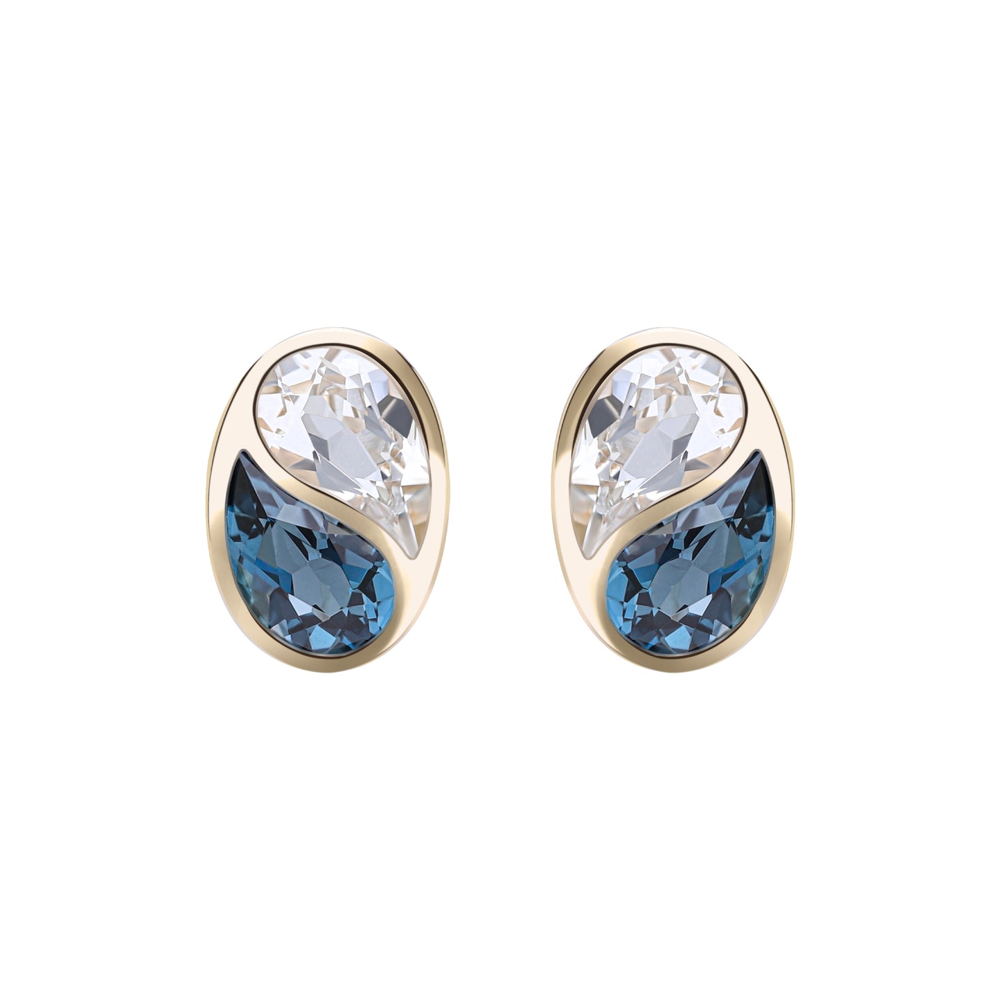 Puzzle: London Blue and White Topaz Special Cut Bezel Set Stud Earring in 18K Yellow Gold