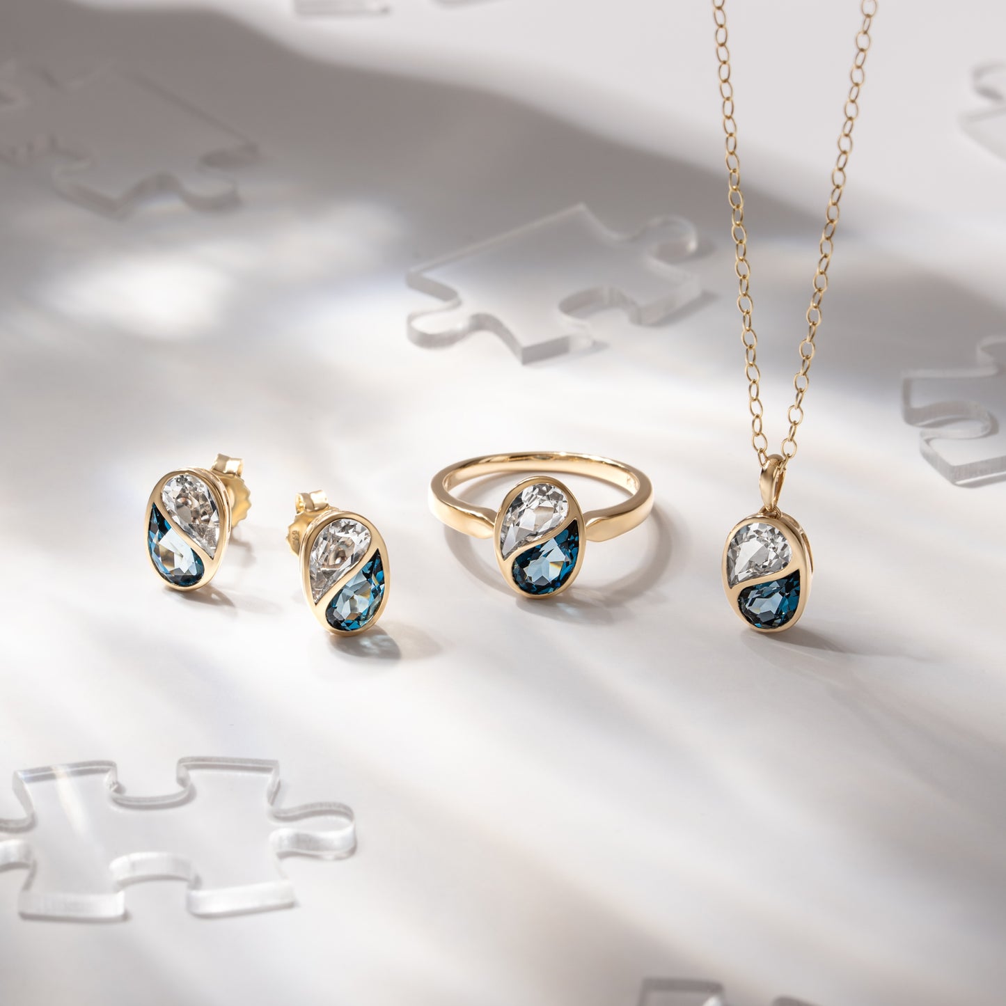 Puzzle: London Blue and White Topaz Special Cut Bezel Set Pendant in 18K Yellow Gold