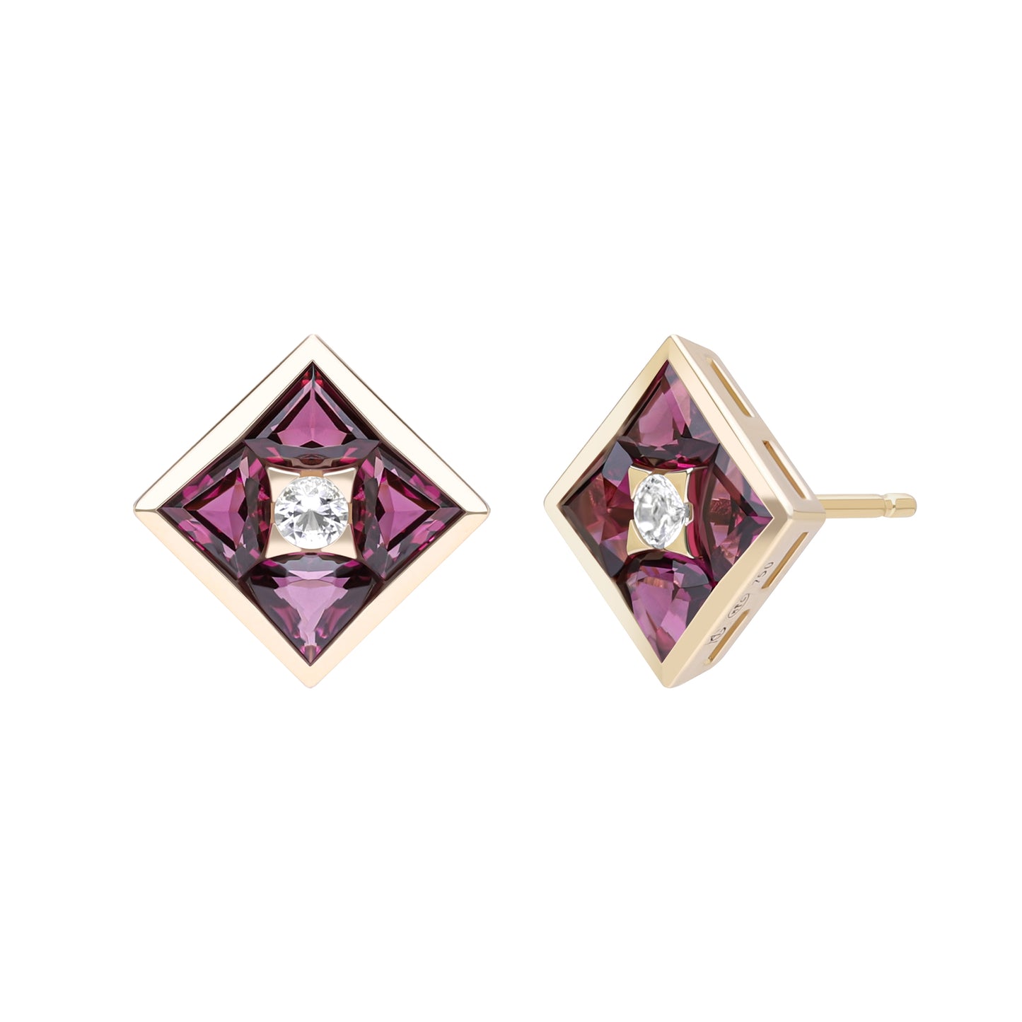 Puzzle: Rhodolite and White Topaz Multi-Shape Square Composite Stud Earrings in 18K Yellow Gold