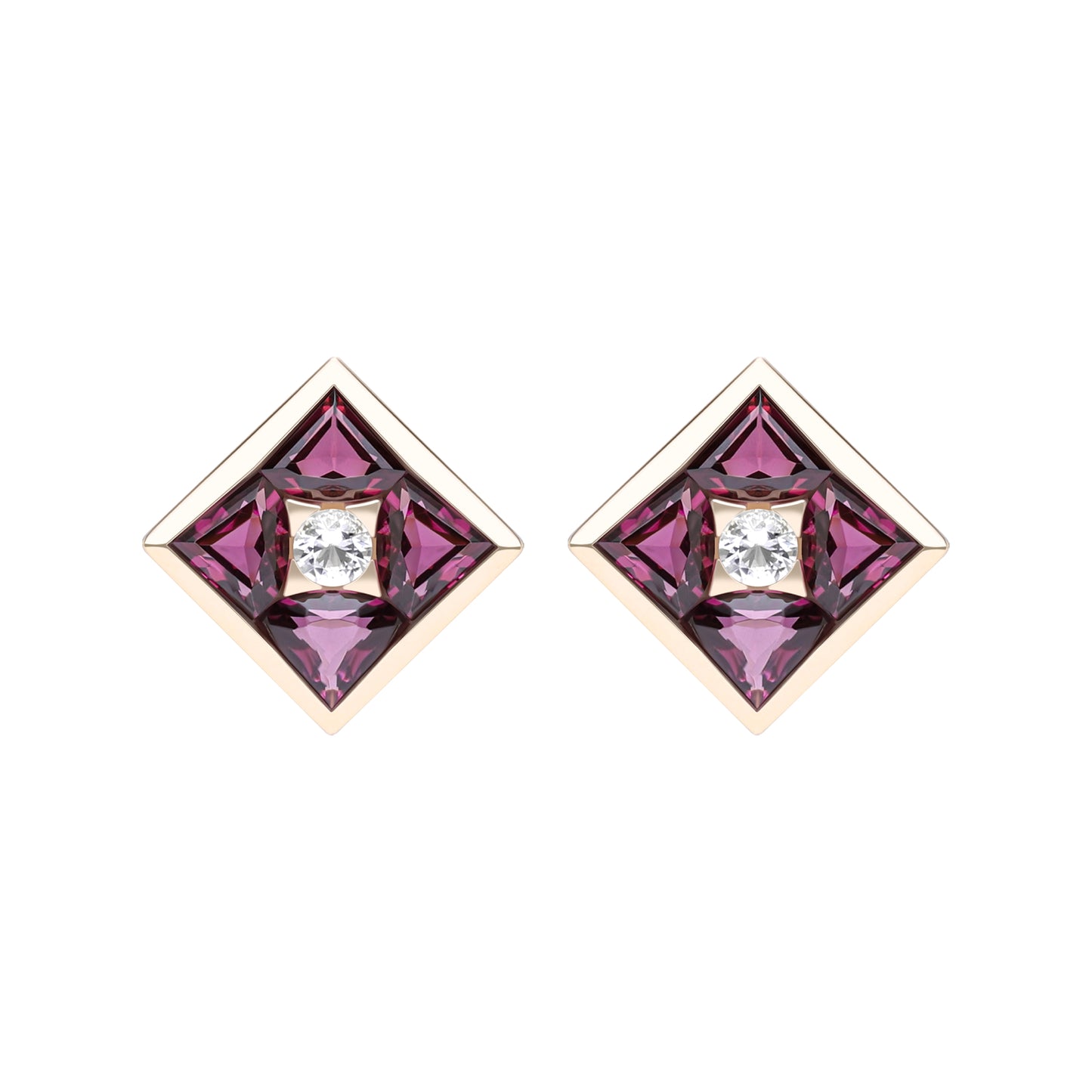 Puzzle: Rhodolite and White Topaz Multi-Shape Square Composite Stud Earrings in 18K Yellow Gold