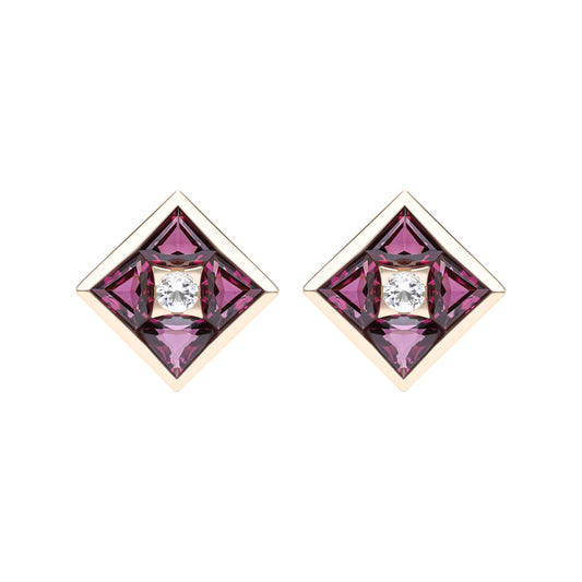Puzzle: Rhodolite and White Topaz Multi-Shape Square Composite Stud Earrings in 18K Yellow Gold