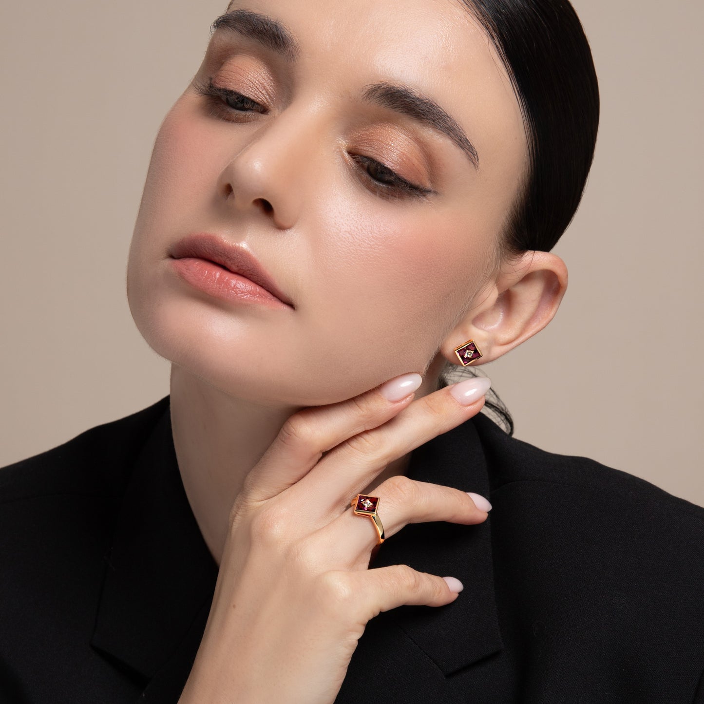 Puzzle: Rhodolite and White Topaz Multi-Shape Square Composite Stud Earrings in 18K Yellow Gold