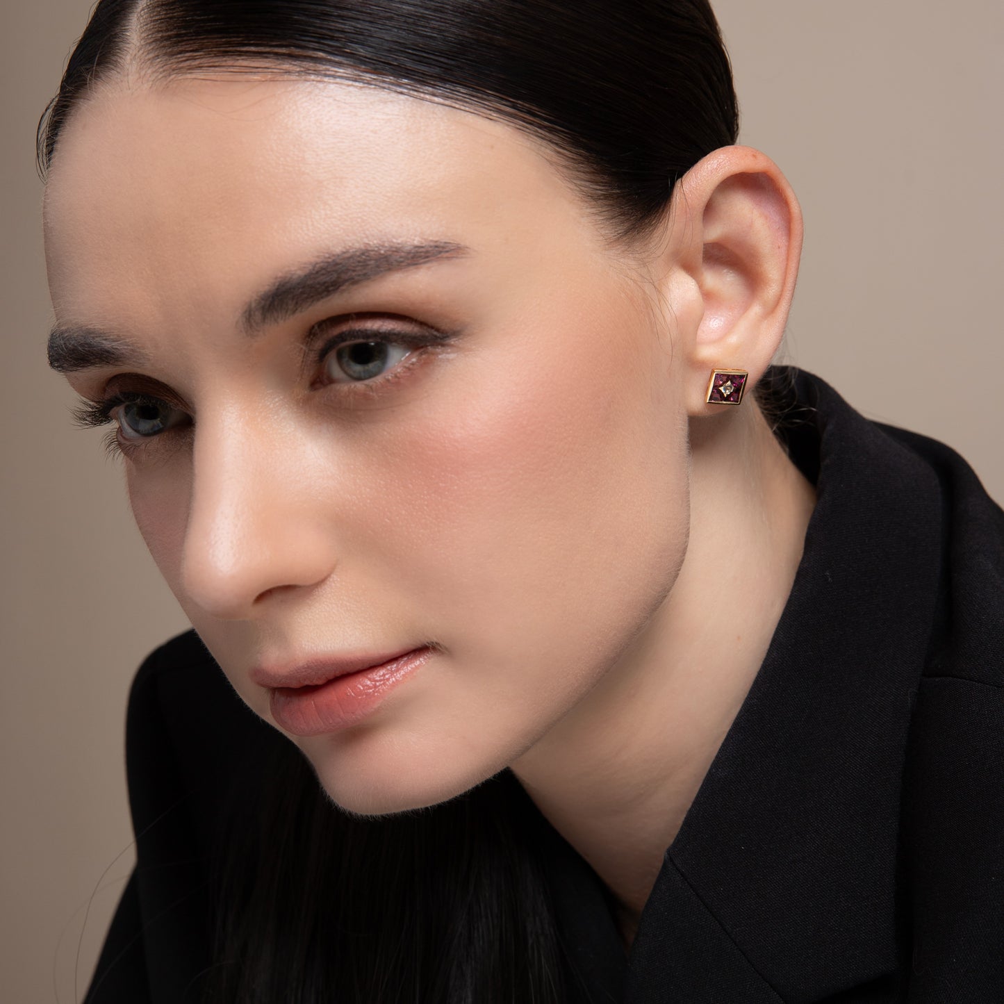 Puzzle: Rhodolite and White Topaz Multi-Shape Square Composite Stud Earrings in 18K Yellow Gold