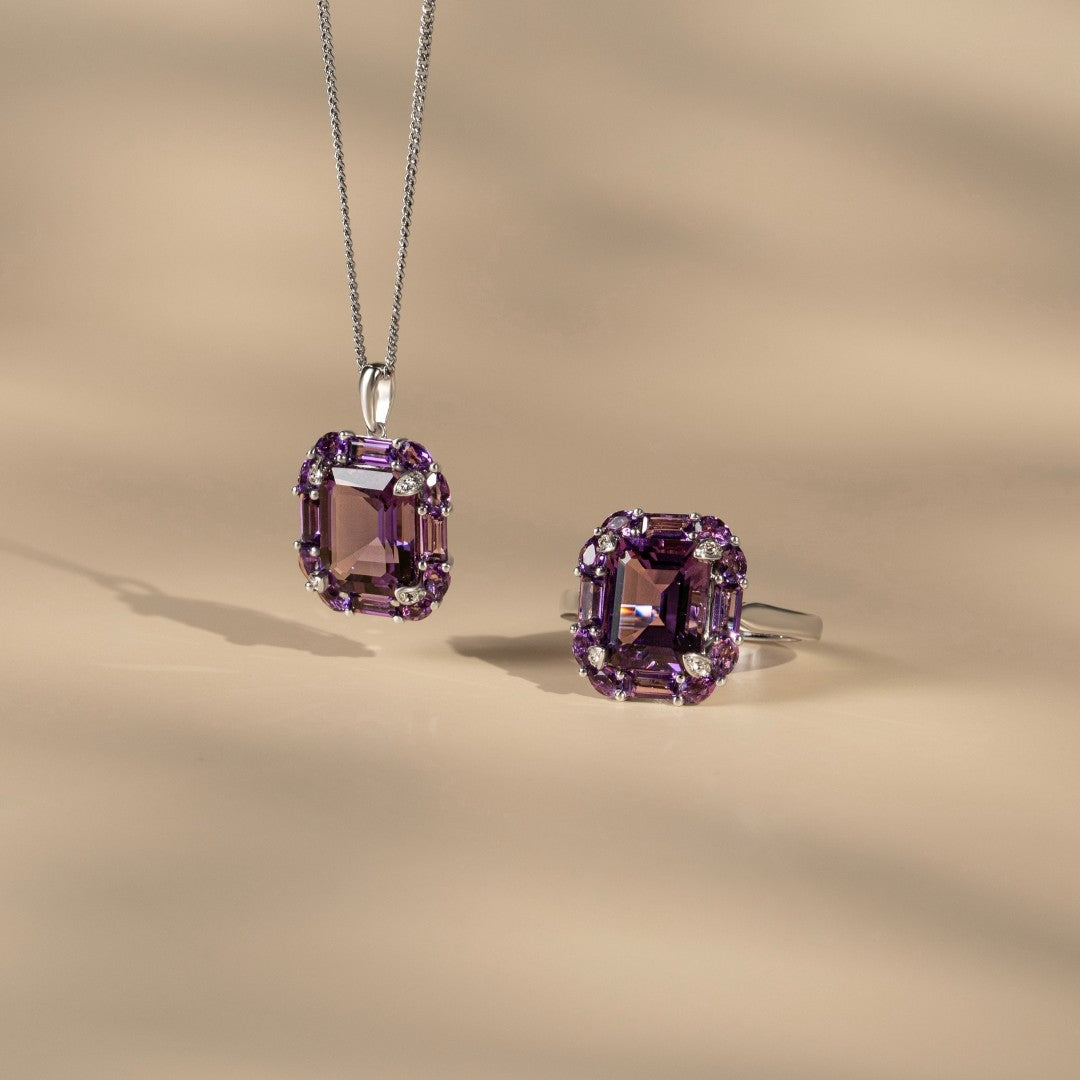 Novalty: Amethyst Octagon Cut Statement Ring with White Topaz Accents in 18K White Gold
