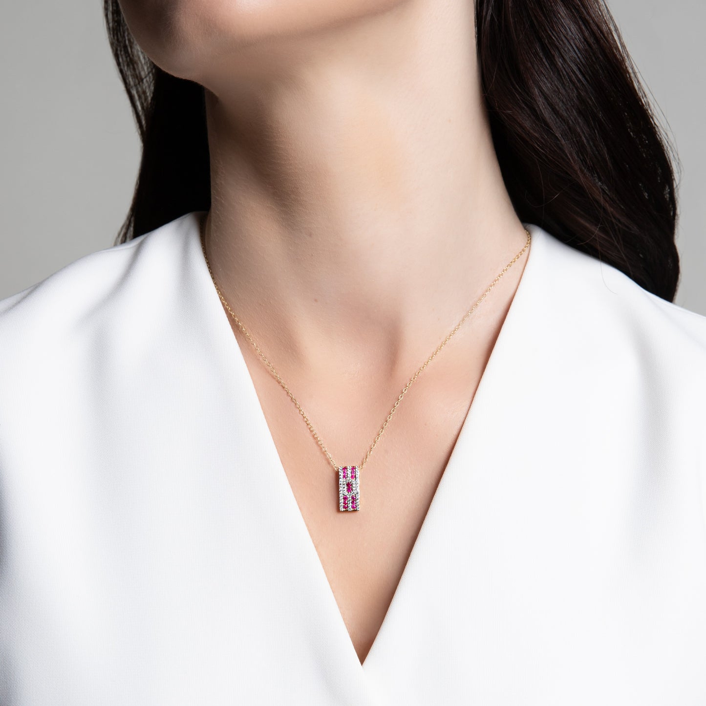 Novalty: Ruby Round Cut and White Topaz Pendant in 18K Yellow Gold