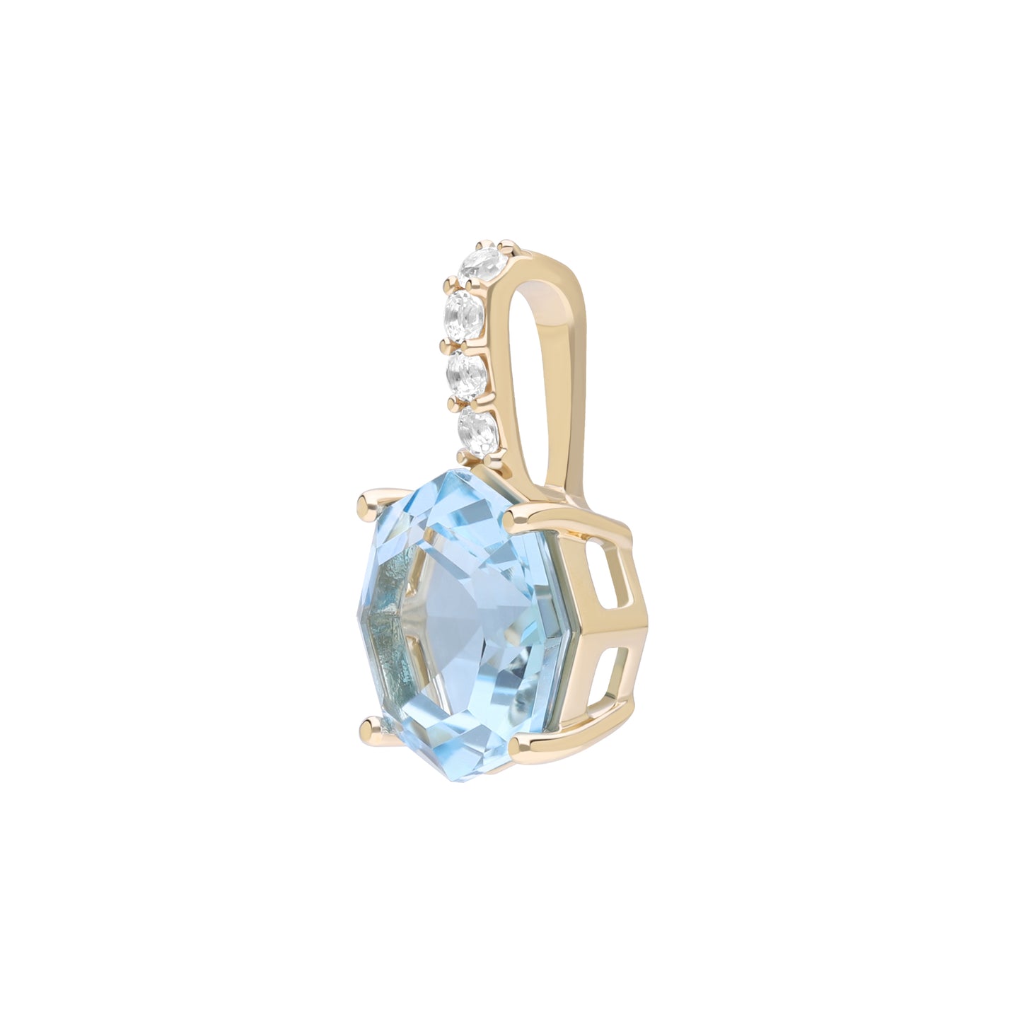 Novalty: Light Blue Topaz Hexagon Cut 4-Prong Pendant with White Topaz in 18K Yellow Gold