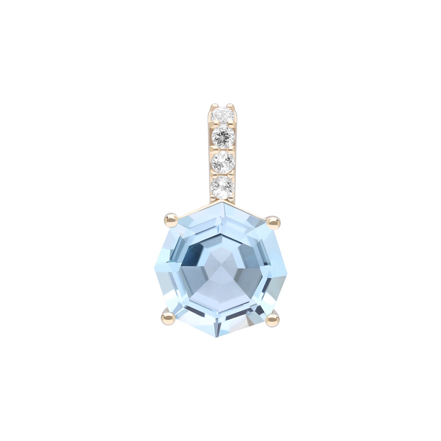 Novalty: Light Blue Topaz Hexagon Cut 4-Prong Pendant with White Topaz in 18K Yellow Gold
