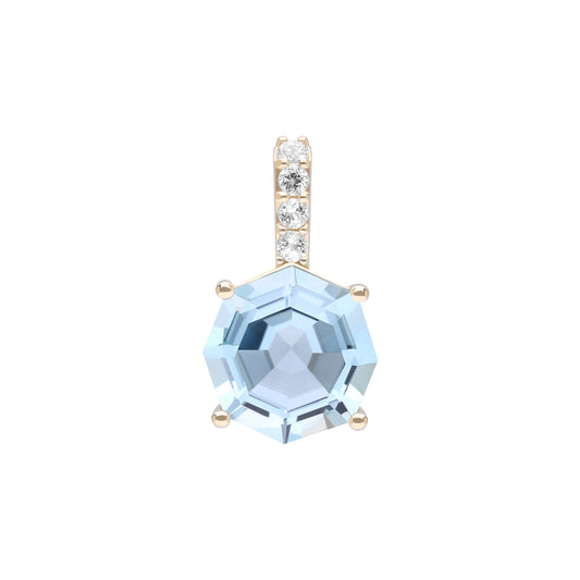 Novalty: Light Blue Topaz Hexagon Cut 4-Prong Pendant with White Topaz in 18K Yellow Gold