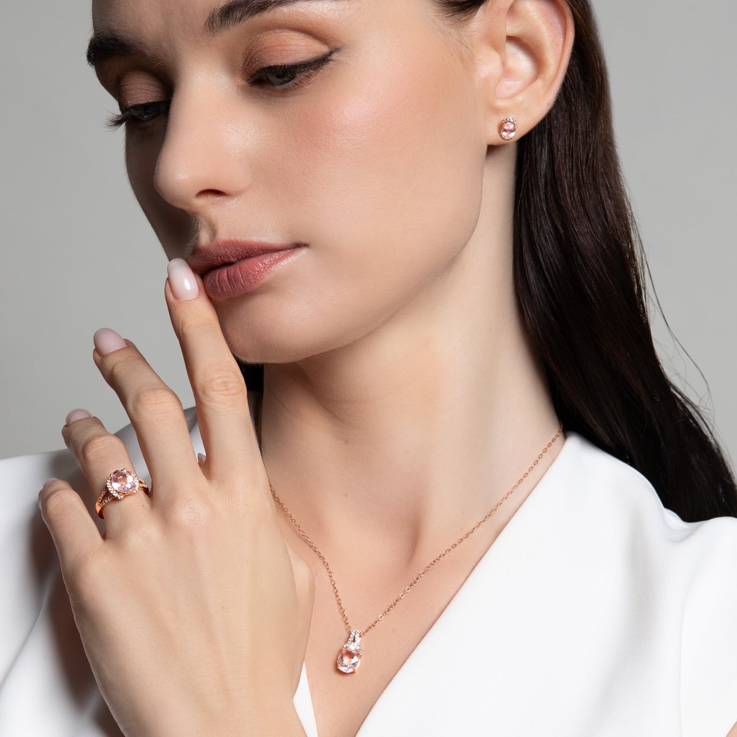 Novalty: Morganite Oval Cut 4-Prong Stud Earrings with White Topaz Accents in 18K Rose Gold