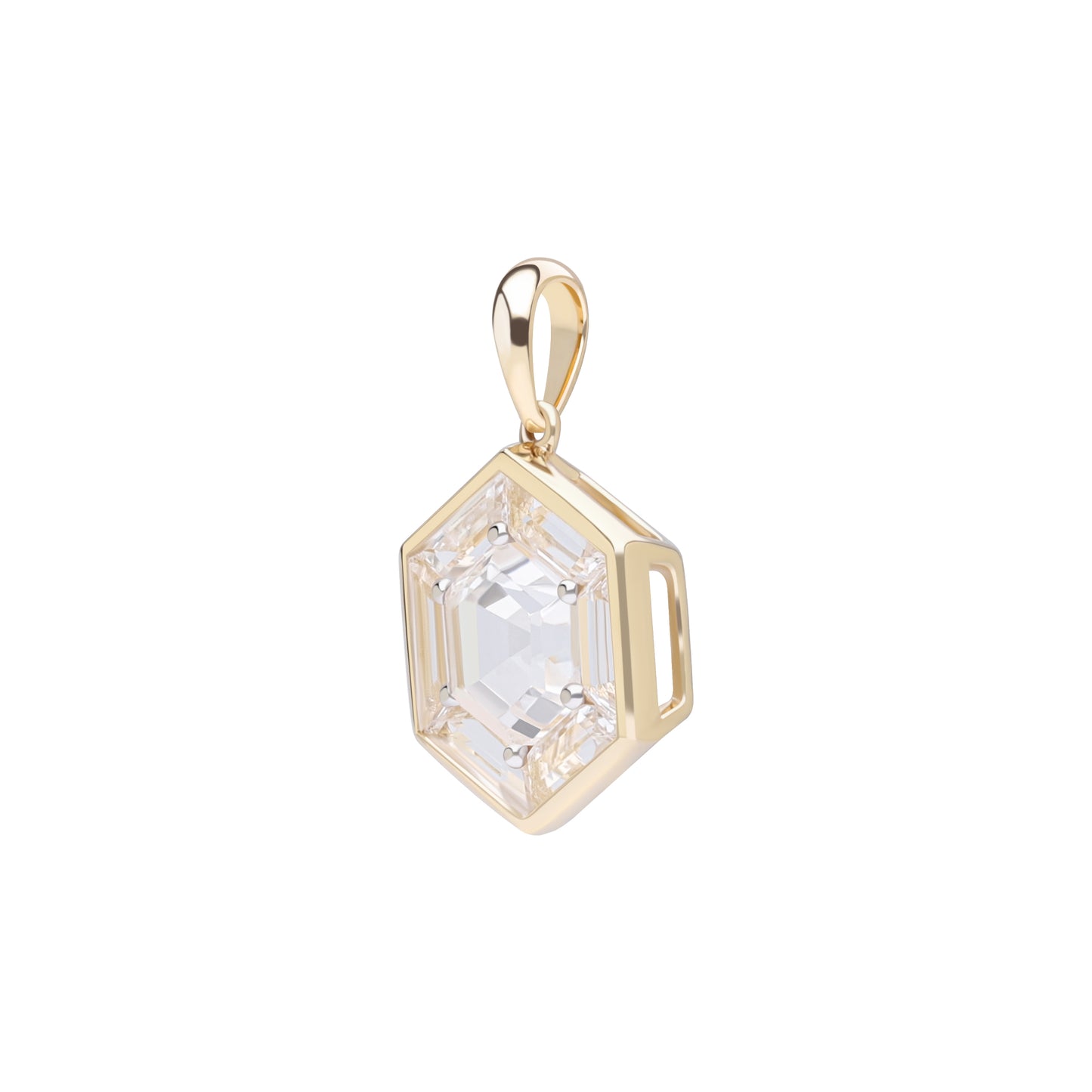 Puzzle: White Topaz Hexagon Cut 6-Prong and Bezel Set Pendant in 18K Yellow Gold