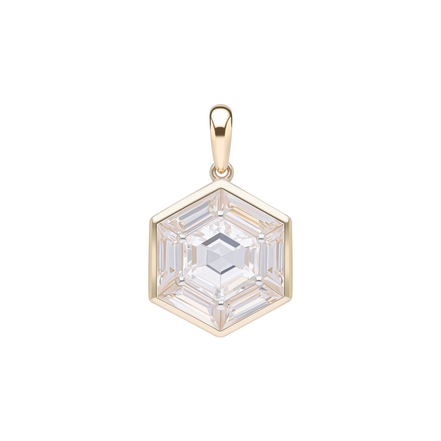 Puzzle: White Topaz Hexagon Cut 6-Prong and Bezel Set Pendant in 18K Yellow Gold