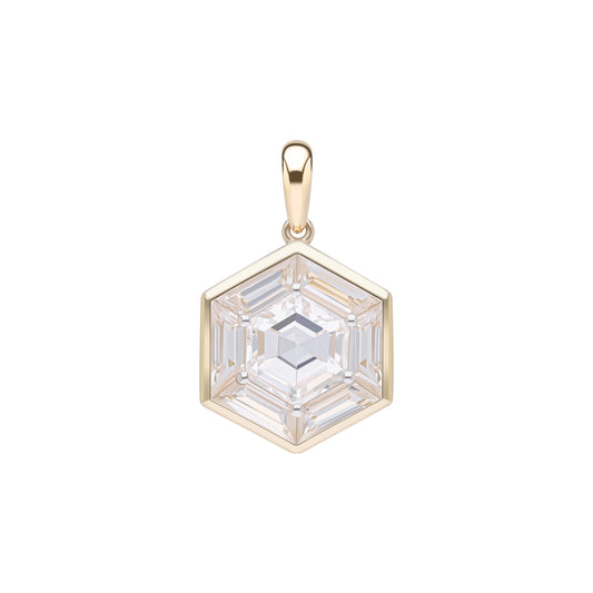 Puzzle: White Topaz Hexagon Cut 6-Prong and Bezel Set Pendant in 18K Yellow Gold