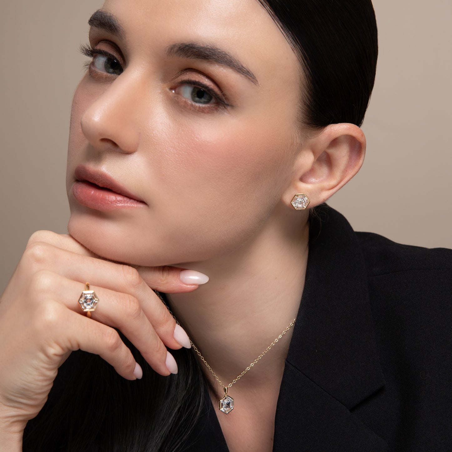 Puzzle: White Topaz Hexagon Cut 6-Prong and Bezel Set Stud Earrings in 18K Yellow Gold