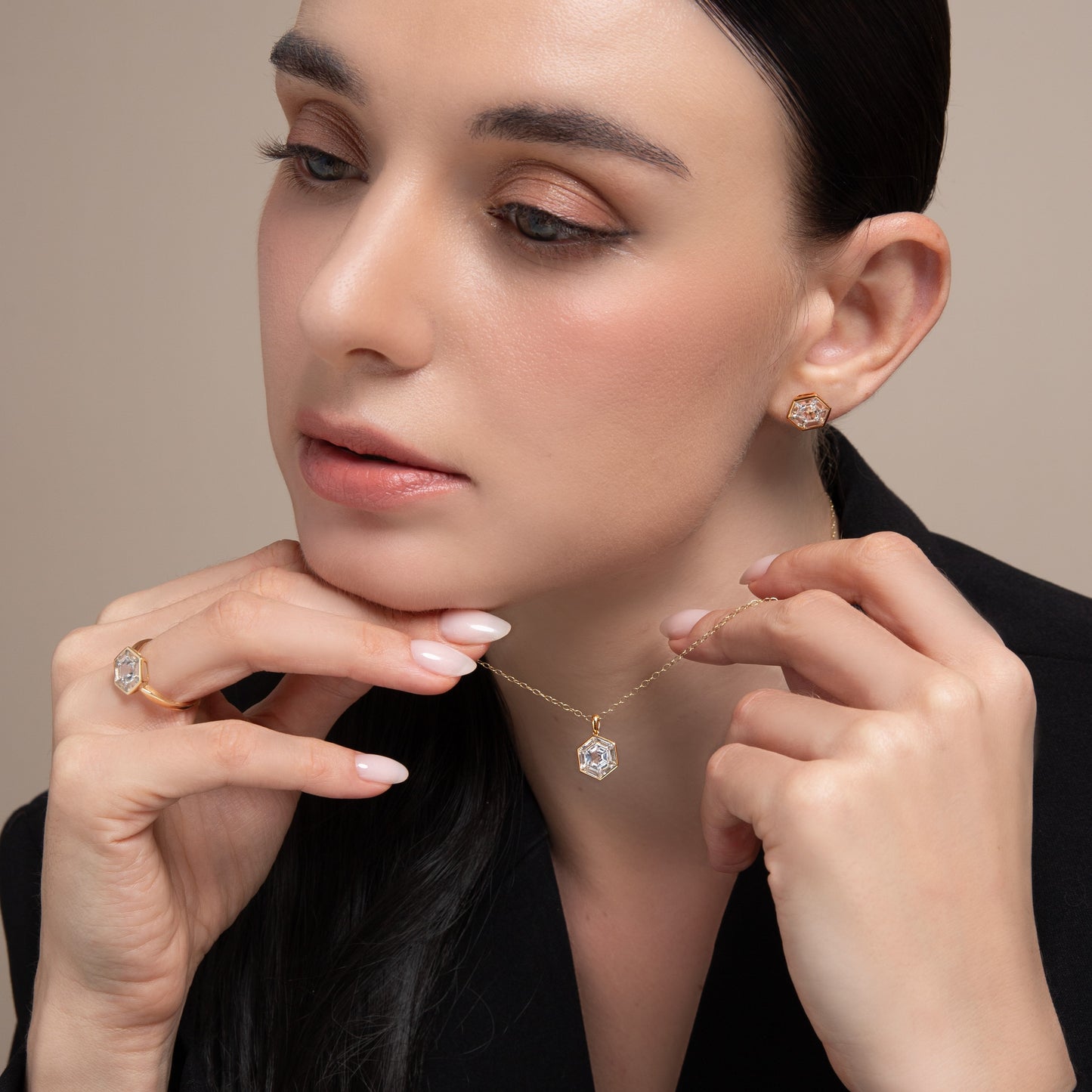 Puzzle: White Topaz Hexagon Cut 6-Prong and Bezel Set Stud Earrings in 18K Yellow Gold