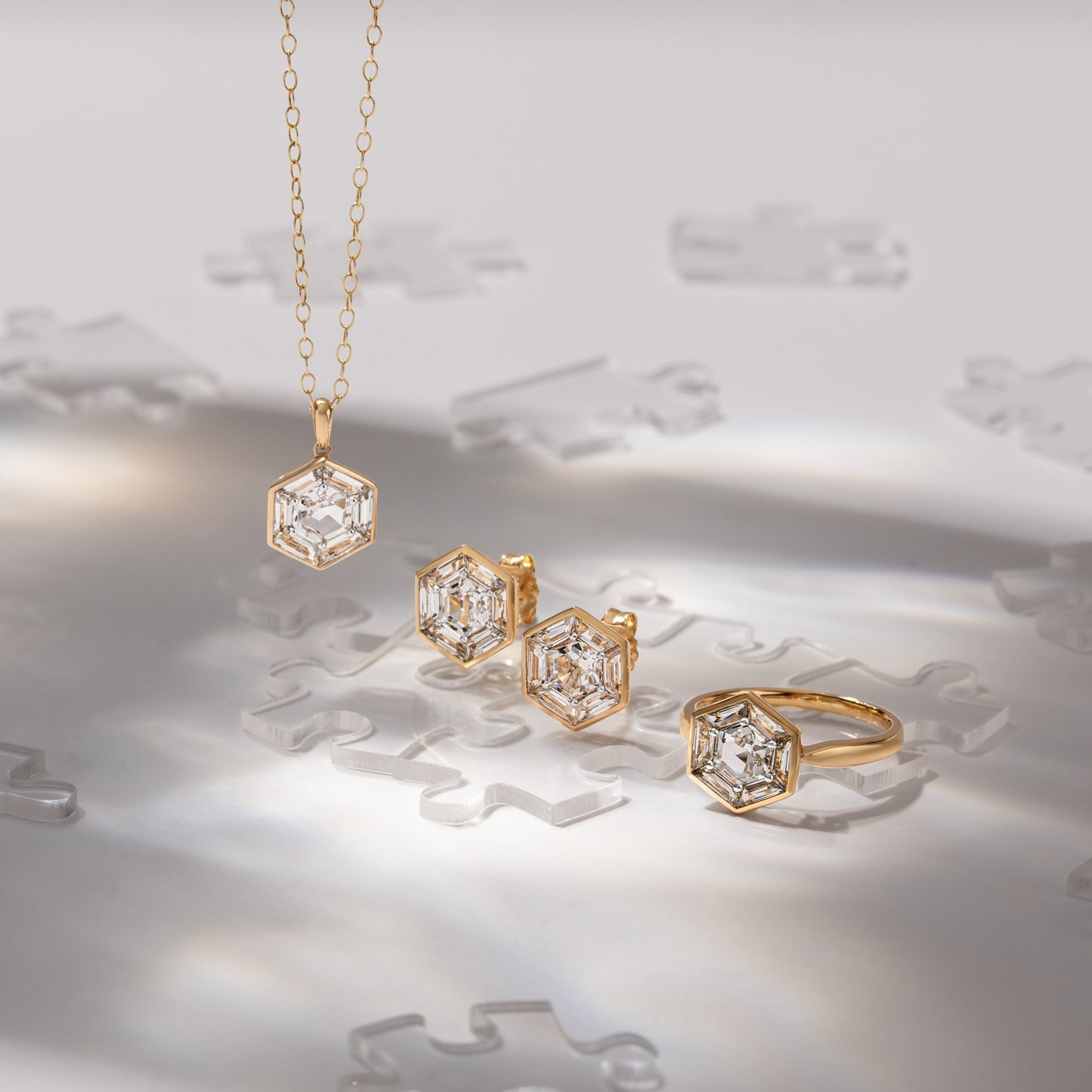 Puzzle: White Topaz Hexagon Cut 6-Prong and Bezel Set Statement Ring in 18K Yellow Gold