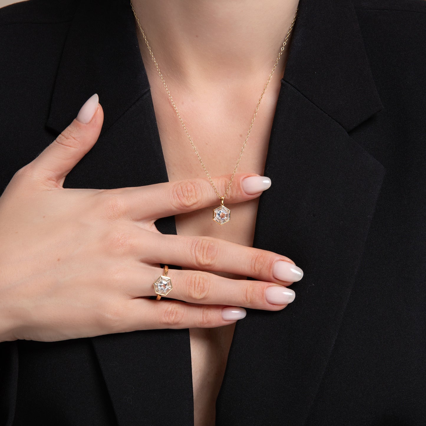 Puzzle: White Topaz Hexagon Cut 6-Prong and Bezel Set Pendant in 18K Yellow Gold