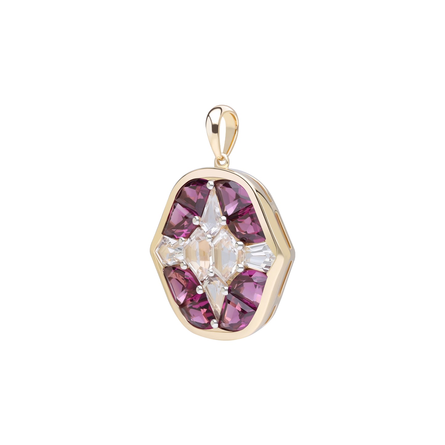 Puzzle: Rhodolite and White Topaz Multi-Shape 4-Prong Pendant in 18K Yellow Gold