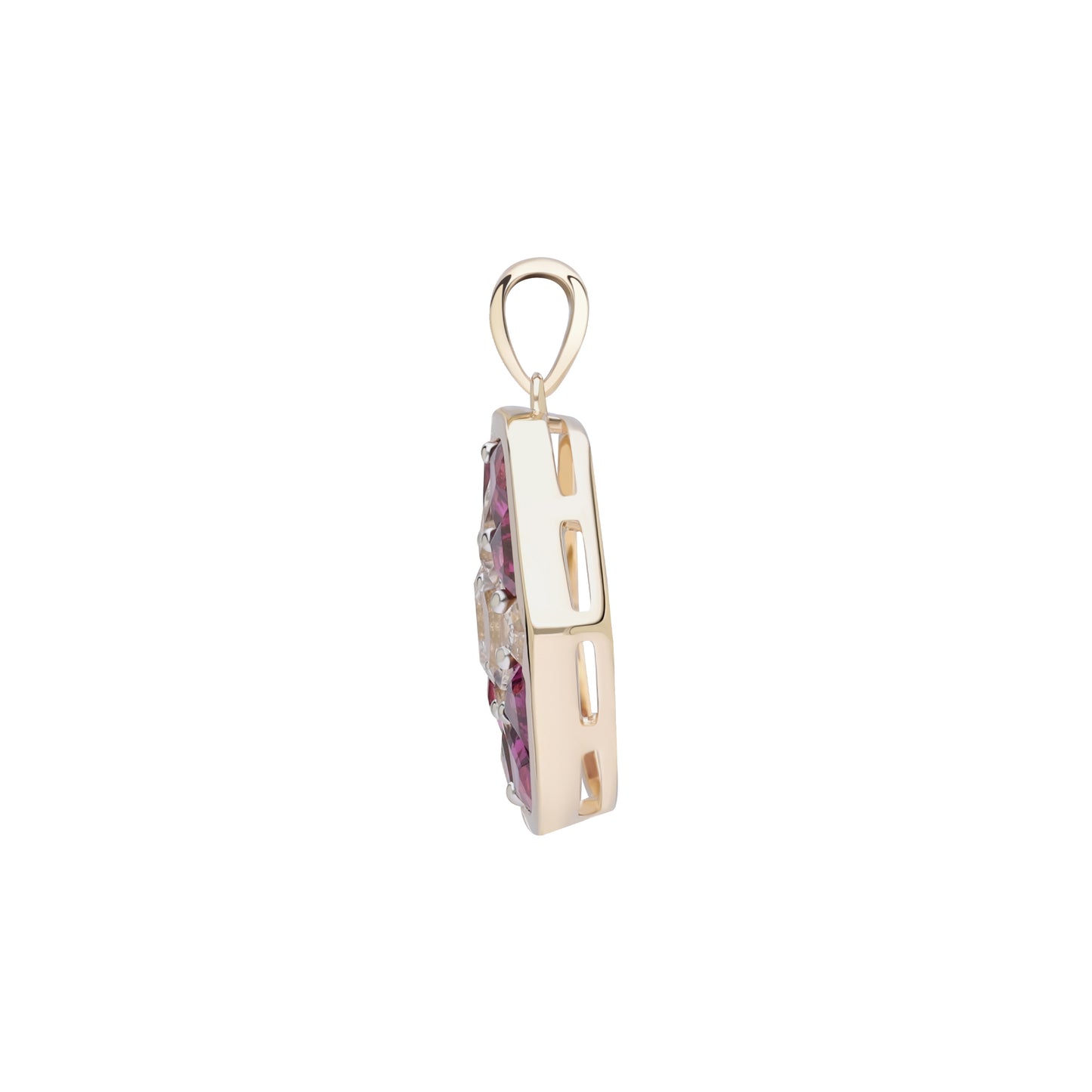 Puzzle: Rhodolite and White Topaz Multi-Shape 4-Prong Pendant in 18K Yellow Gold