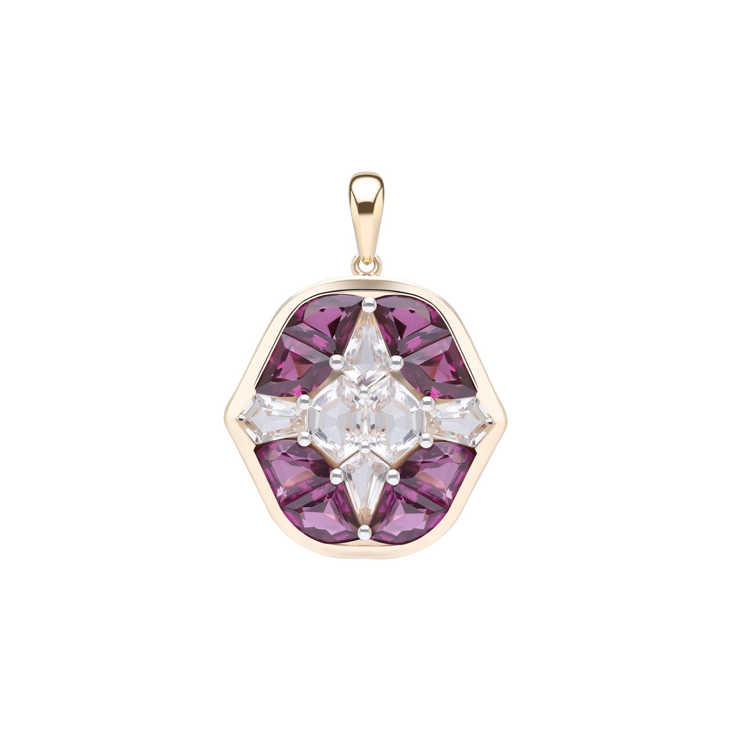 Puzzle: Rhodolite and White Topaz Multi-Shape 4-Prong Pendant in 18K Yellow Gold